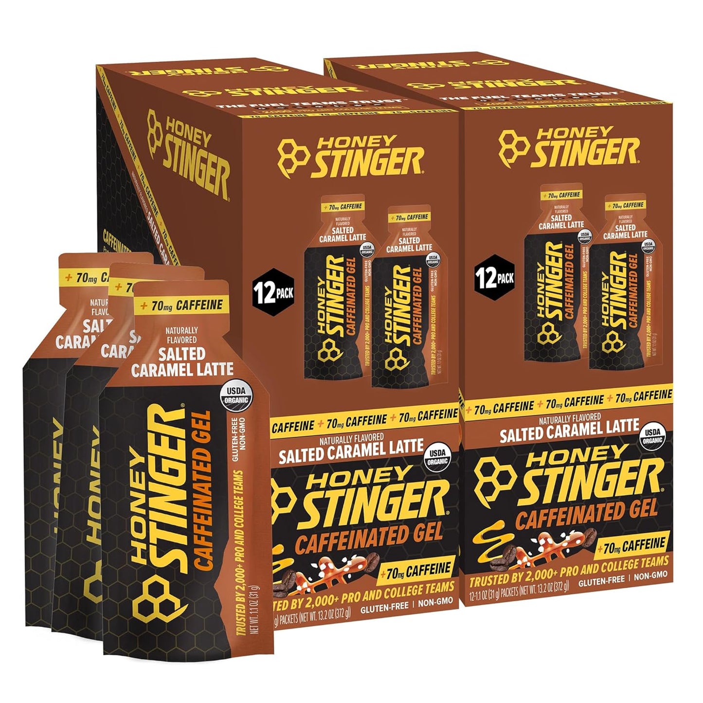 Honey Stinger Organic Salted Caramel Energy Gel, Caffeinated & Gluten Free, for Exercise, Running and Performance, Sports Nutrition for Home & Gym, Pre and Mid Workout, 12 Pack, 13.2 Ounce