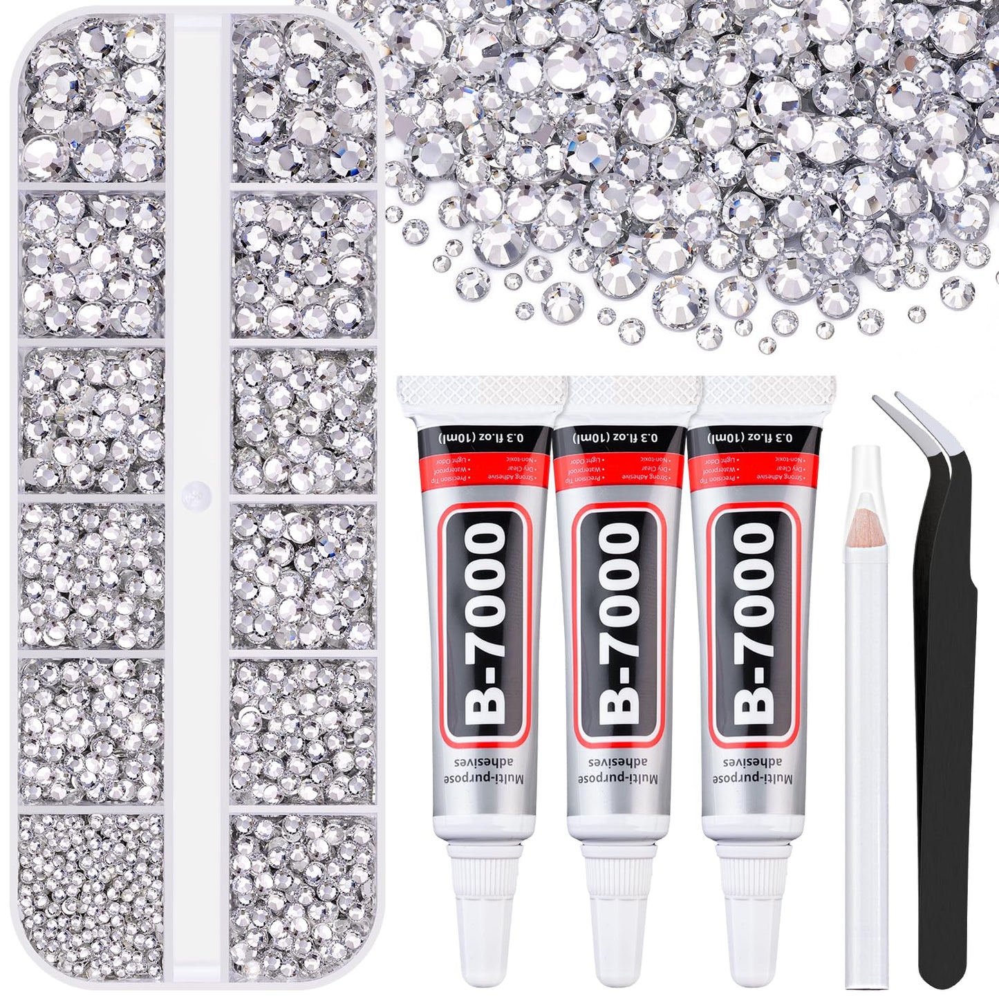6000Pcs Resin Rhinestones for Bedazzling with 3Pcs B7000 Jewelry Glue, 1 Box Clear Flatback Rhinestones for Crafting Crafts DIY, Crystals Gems for Clothing Shoes Tumblers Nail Art Makeup