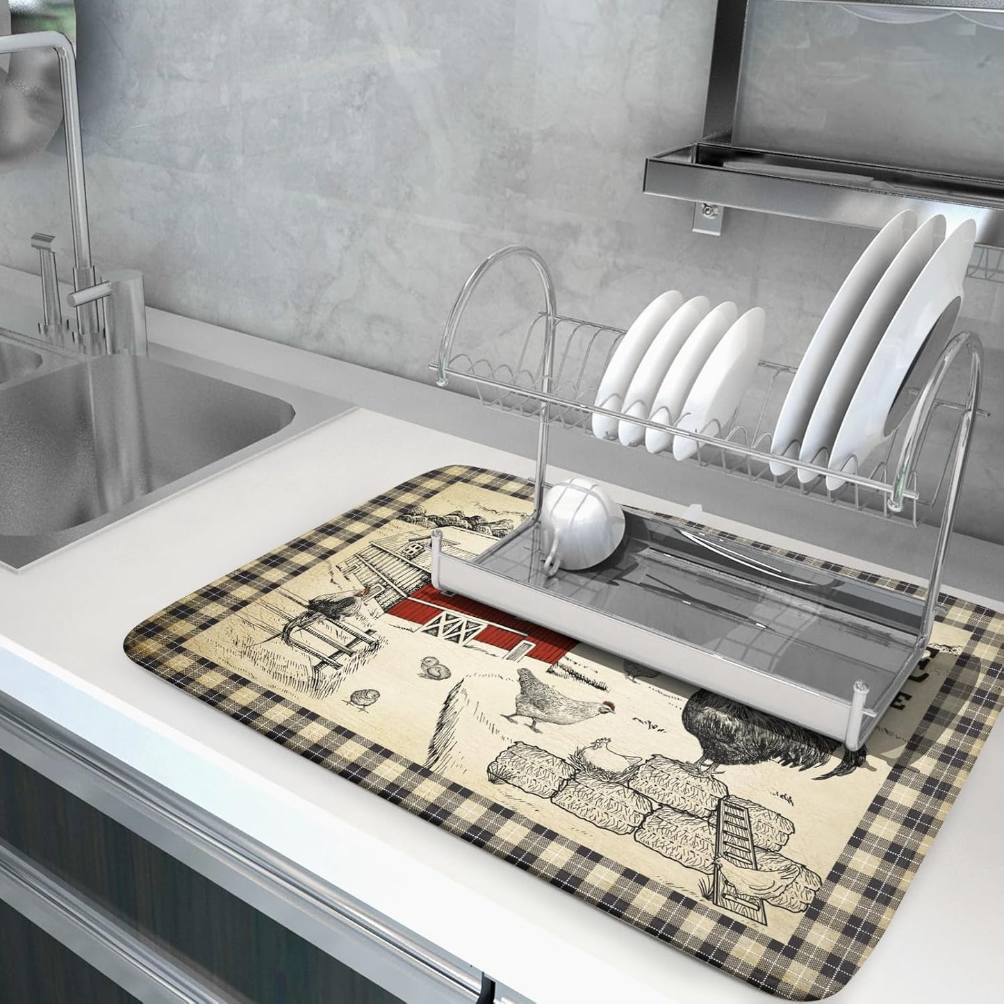 Farmhouse Rooster Dish Drying Mat 18x24 Inch Country Chicken Absorbent Dish Drainer Mat Reversible Countertops Protector Pad Kitchen Accessories