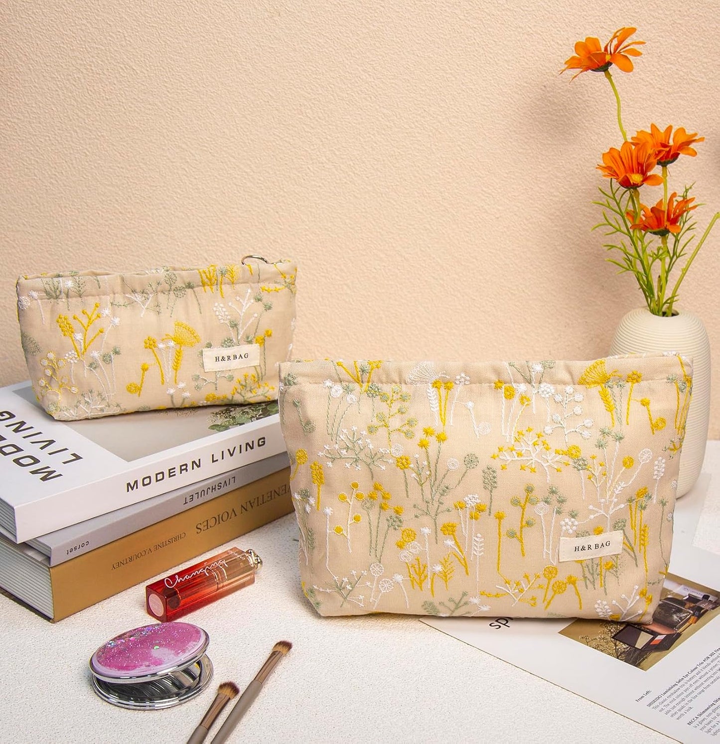 2 Pcs Makeup Bags, Large Cosmetic Bag Travel Toiletry Bag Organizer for Women, Embroidery Craft, Floral Makeup Bag Small Cosmetic Pouch Purse with Zipper Gifts for Girls Teen