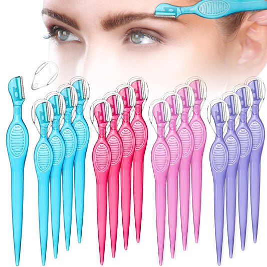 Honoson 16 Pcs Eyebrow Razor for Women Small Face Razors Shaver Trimmer Facial Hair Removal Eyebrow Shaper with Stainless Steel Blade Safety Cover for Peach Fuzz Lip Dermaplaning Tool, 4 Colors
