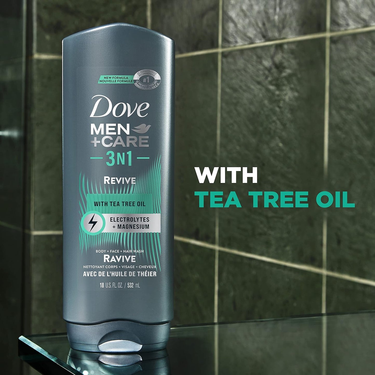 DOVE MEN + CARE Post-Workout Body Wash 3N1 Revive 4 Count For Men With Tea Tree Oil, 18 oz