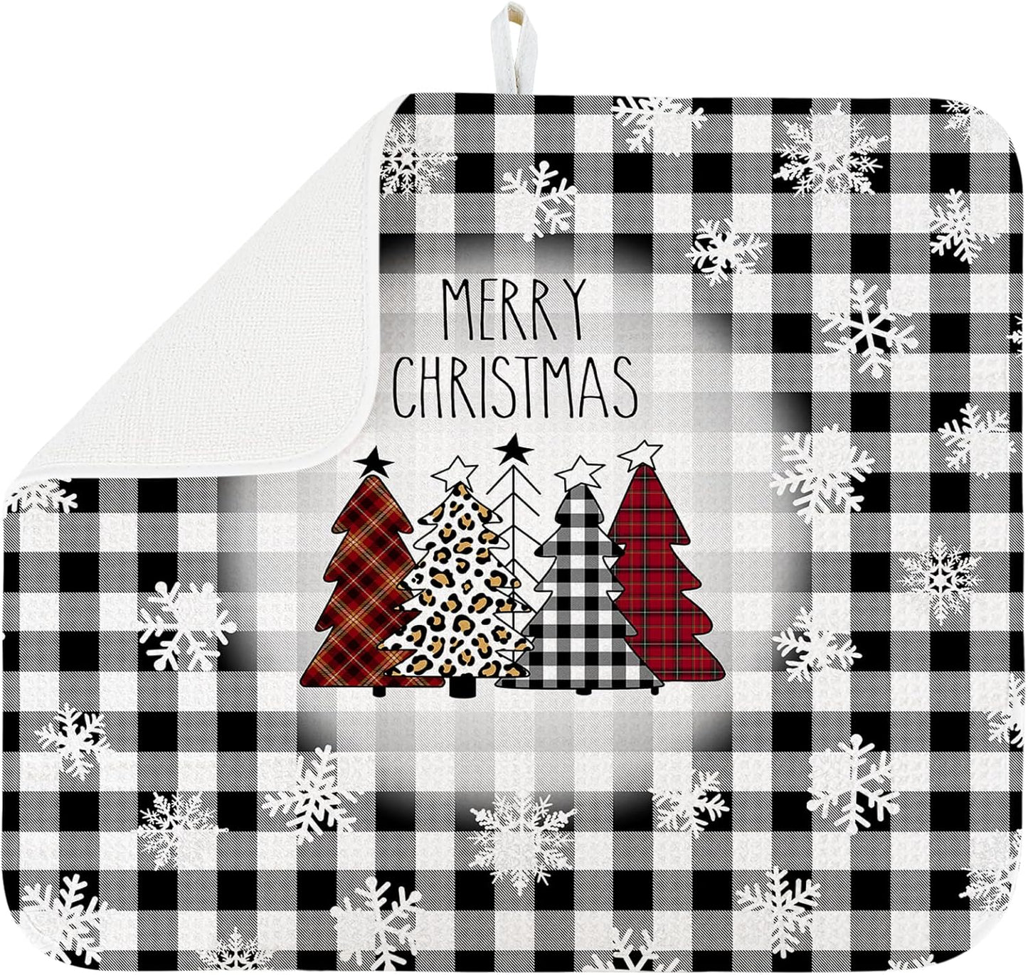 Dish Drying Mat for Kitchen Counter Large 16" x 18" Buffalo Plaid Christmas Tree Absorbent Microfiber Dishes Drainer Rack Mats Pad Reusable Washable