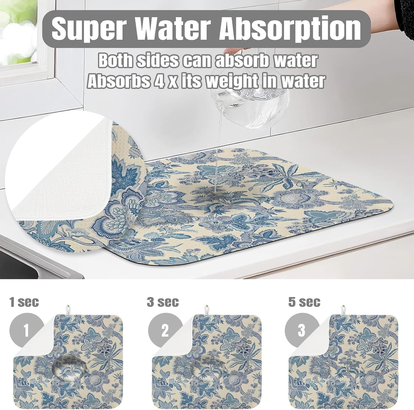 Dish Drying Mat for Kitchen Counter Large 16" x 18" Retro Blue Flower Absorbent Microfiber Dishes Drainer Rack Mats Pad Reusable Washable