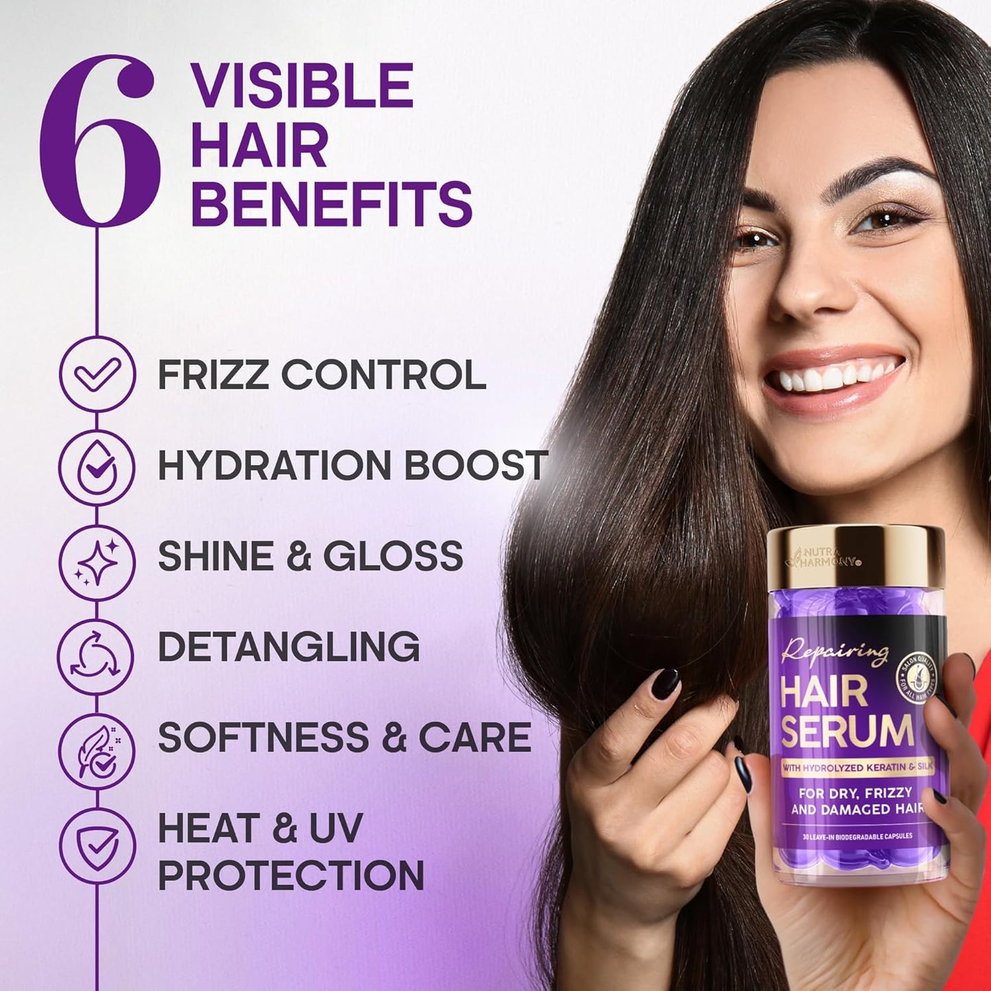 Hair Serum Capsules – Keratin & Silk Protein Hair Treatment with Argan, Coconut, Jojoba & Avocado Oils – Leave‑In Anti‑Frizz Hair Oil w/ Vitamins A, E & B5 for Dry, Damaged Hair – No Rinse, 30 ct