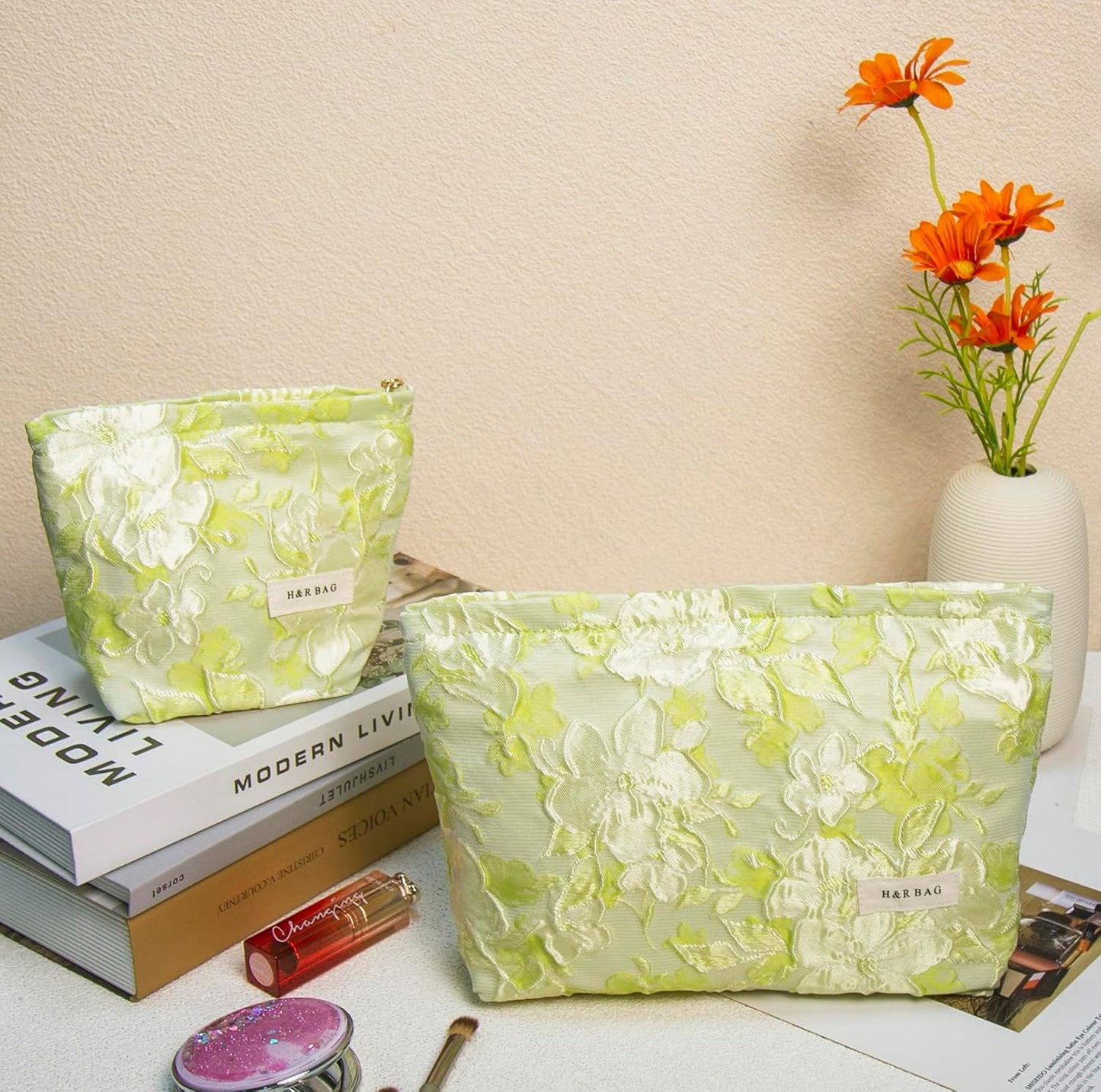 2 Pcs Makeup Bags, Large Cosmetic Bag Travel Toiletry Bag Organizer for Women, Embroidery Craft, Floral Makeup Bag Small Cosmetic Pouch Purse with Zipper Gifts for Girls Teen