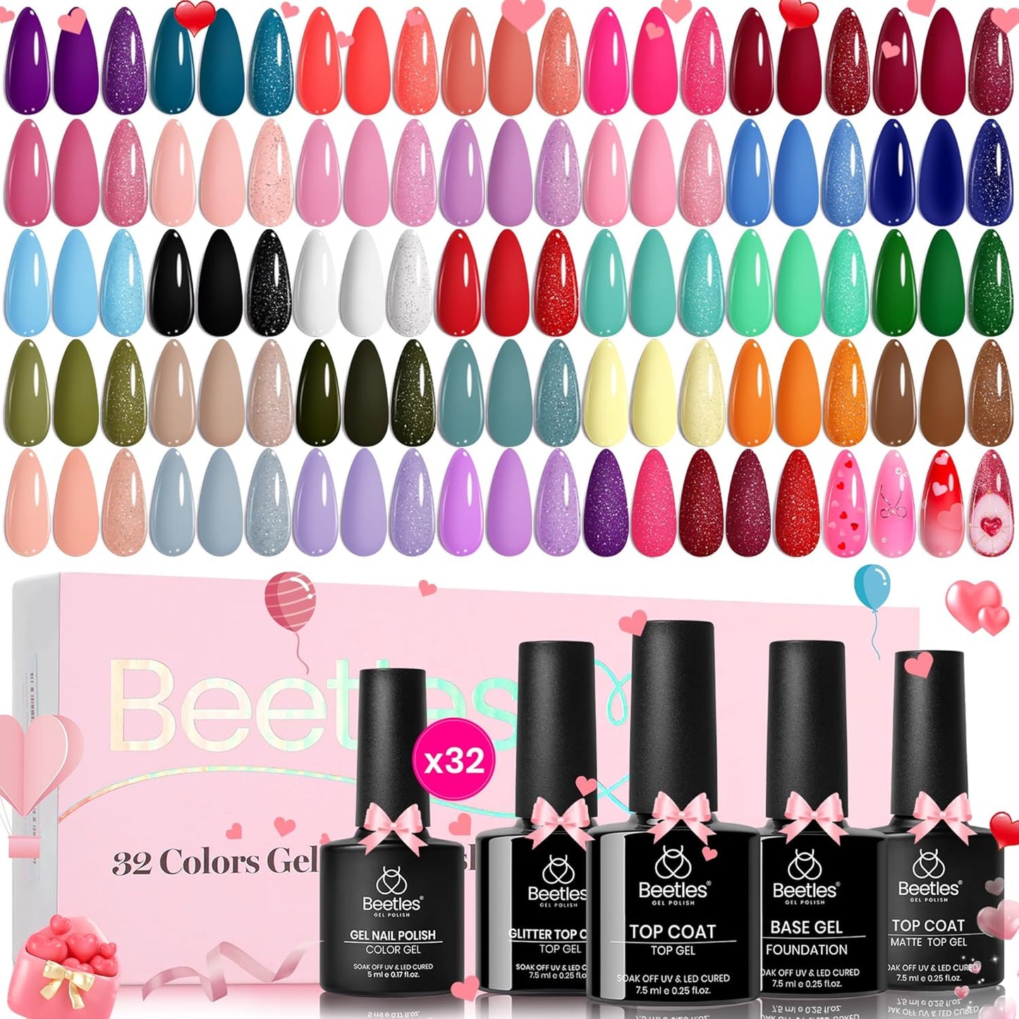 beetles Gel Polish Set Fall Gel Nail Polish Kit 36 Pcs 32 Colors with Base Top Coat Burgundy Red Blue Purple Hot Pink Green Black White Uv LED Lamp Nails Gifts for Women Fingertip Palette