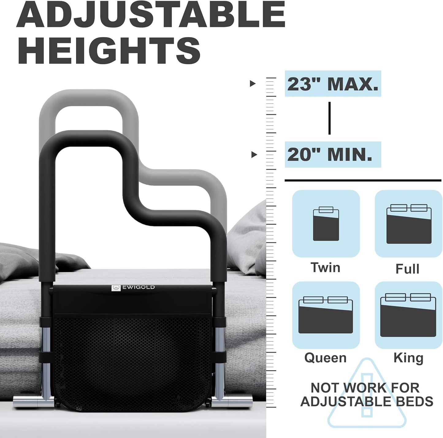 Dual-Bar Bed Rails for Elderly Adults Safety - Bed Rails with Height-Adjustable Handle - Bed Assist Rail with Storage Pocket - No Installation at All - Fit King, Queen, Full, Twin