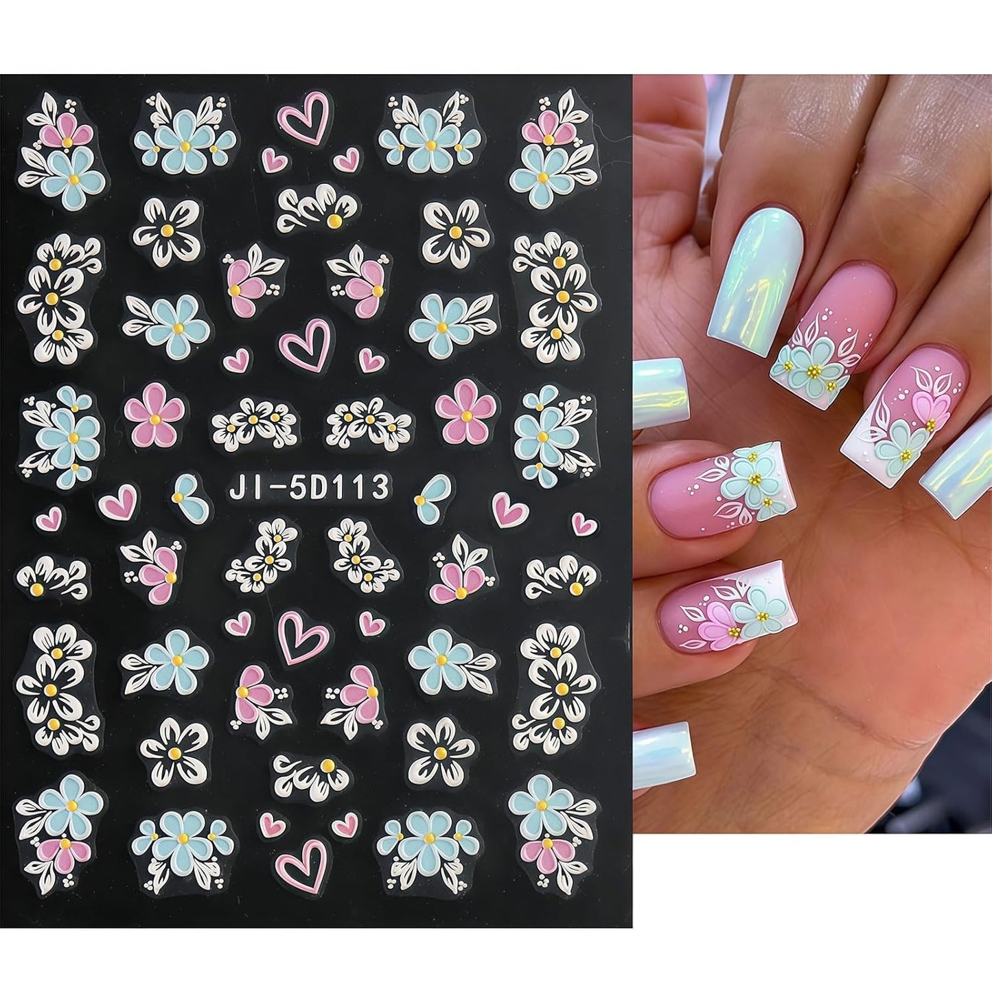 Flower Nail Stickers Decals for Women Girls, 4 Sheets 5D Self-Adhesive Embossed Flower Designs, Semi-Glossy Irregular Fantasy Floral Decals, Spring Summer Nail Accessories