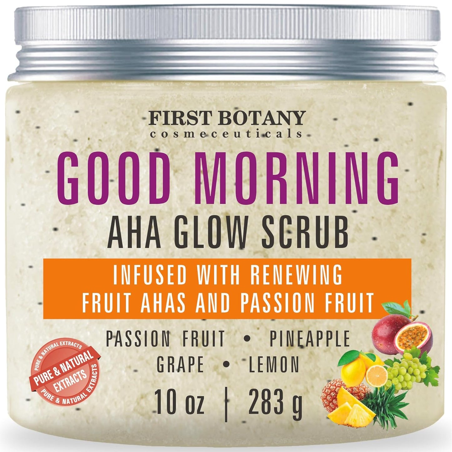 First Botany Body Scrub - Natural Exfoliating Salt Scrub & Body and Face Souffle helps with Moisturizing Skin, Acne, Cellulite, Dead Skin Scars, Wrinkles (10 fl oz, AHA Passion Fruit)
