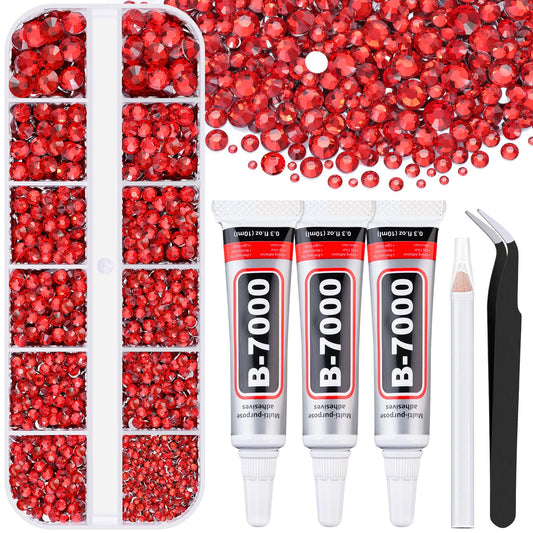 6000Pcs Resin Rhinestones for Bedazzling with 3Pcs B7000 Jewelry Glue, 1 Box Red Flatback Rhinestones for Crafting Crafts DIY, Crystals Gems for Clothing Shoes Tumblers Nail Art Makeup