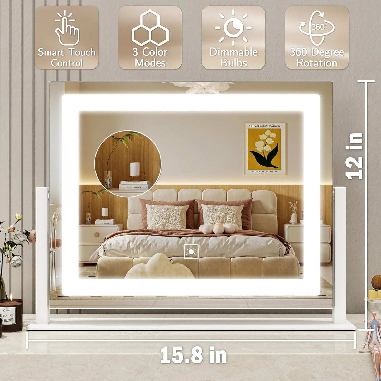 16x12 Inch Vanity Mirror with Lights, Lighted Makeup Mirror with 10X Magnification, Smart Touch 3 Colors Dimmable, Dresser Mount, Bathroom (White)