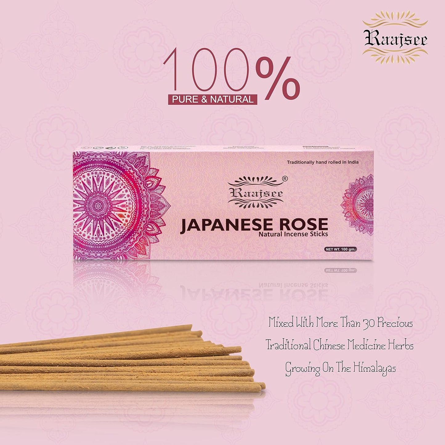 Raajsee Japanese Rose Incense Sticks 100 Gm Pack-100% Pure Organic Natural Hand Rolled Free from Chemicals-for Church,Aromatherapy,Relaxation,Meditation & Sensual Therapy