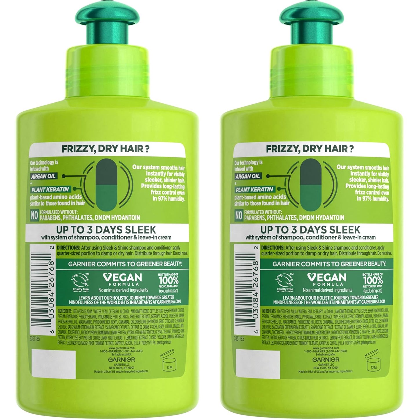 Garnier Fructis Sleek & Shine Leave-In Conditioning Cream for Frizzy, Dry Hair, Plant Keratin + Argan Oil, 10.2 Fl Oz, 2 Count (Packaging May Vary) (Pack of 2)