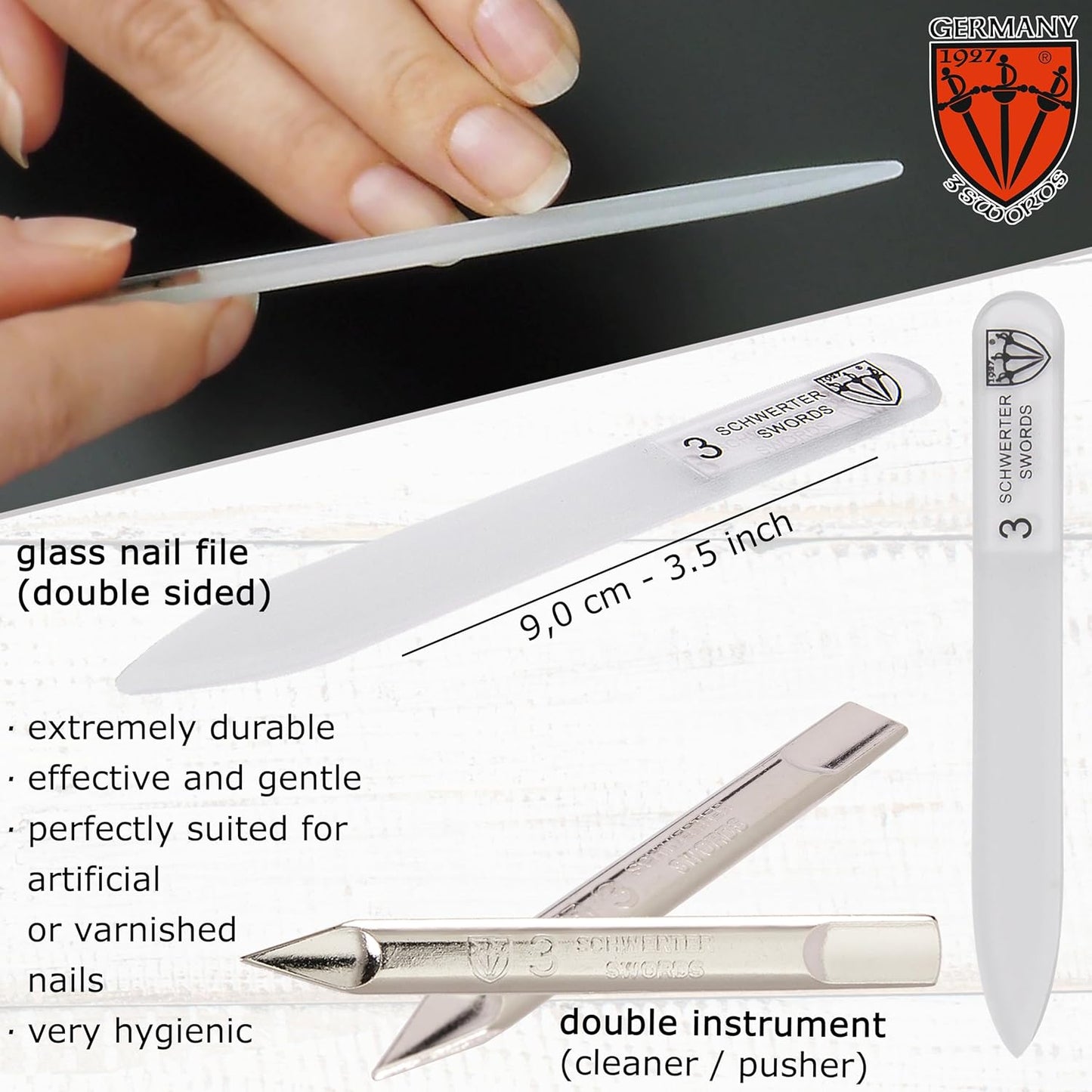 3 Swords Germany - Brand Quality 6 Piece Manicure Pedicure Grooming kit Set - Scissors, Metal and Glass Nail File, Clipper, Tweezers with Synthetic Leather case - White