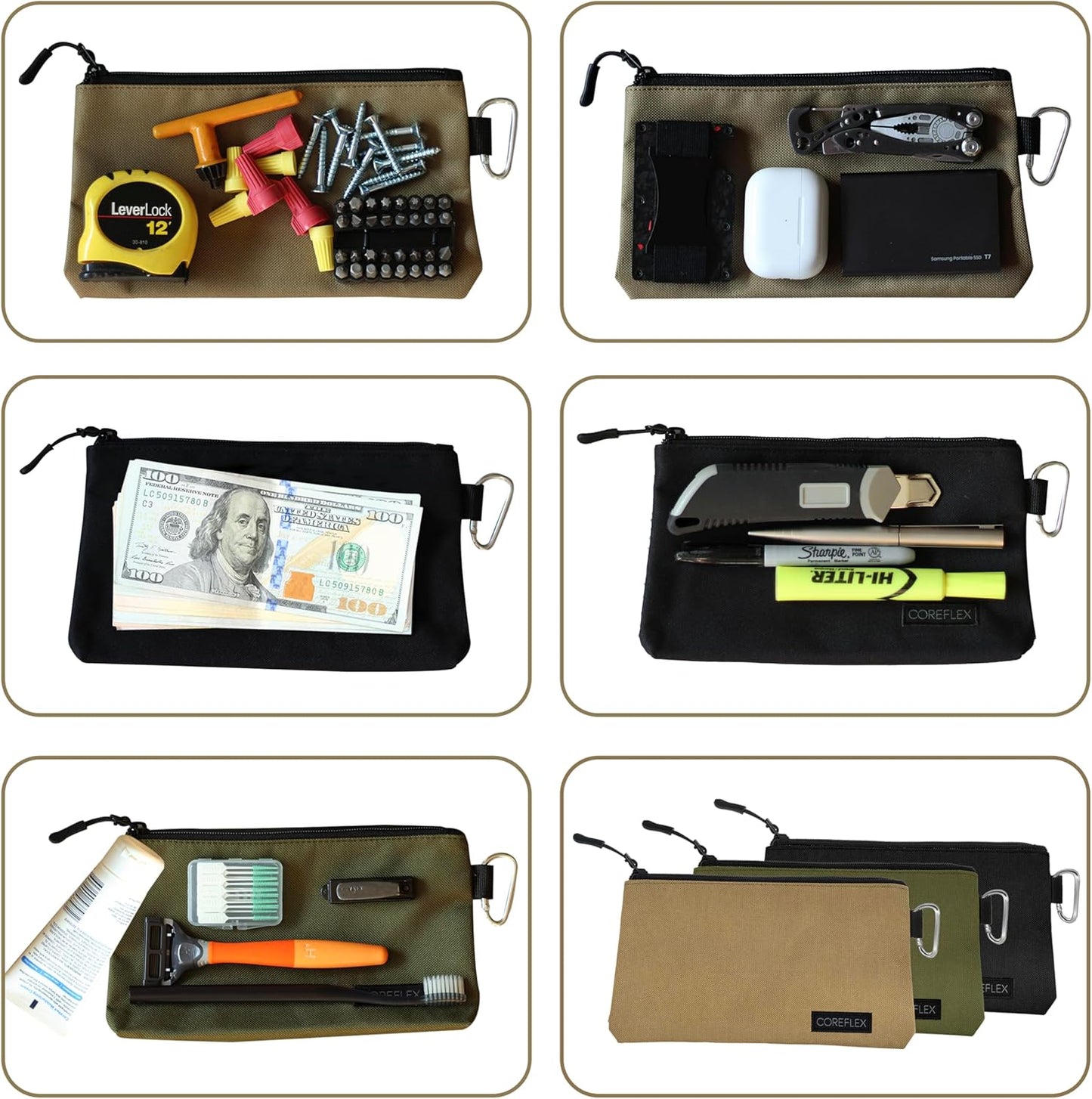 COREFLEX Premium Tool Pouch Zipper Bag, Small Tool Bag, Multipurpose Storage pouch, Heavy duty Flat Bottom Tool bag with YKK Zipper (3 pack Small 8inch)