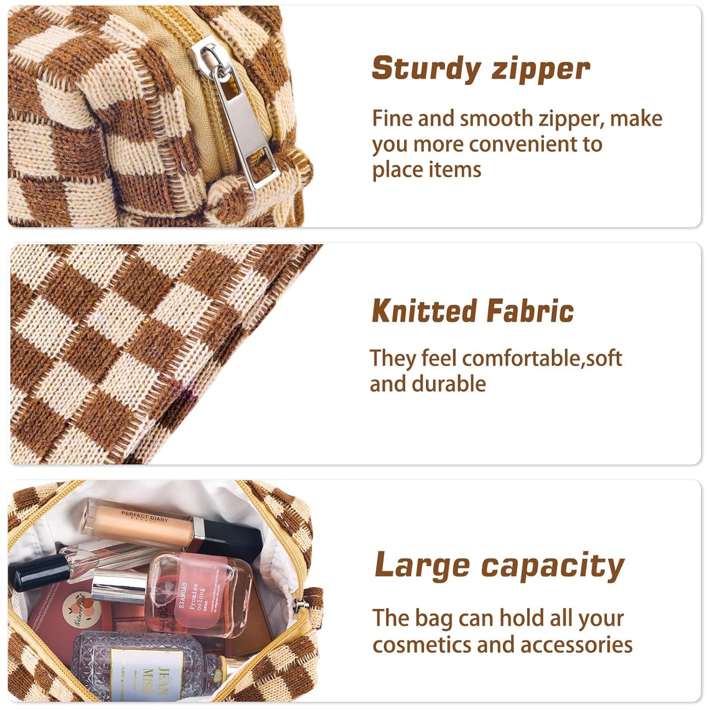 2Pcs Checkered Pencil Case Cute Pencil Pouch for Teens Checkered Makeup Bag Travel Cosmetic Bag Set Cute Makeup Pouch for Purse Portable Zippered Skincare Bags Preppy Toiletry Bags Organizer(Brown)