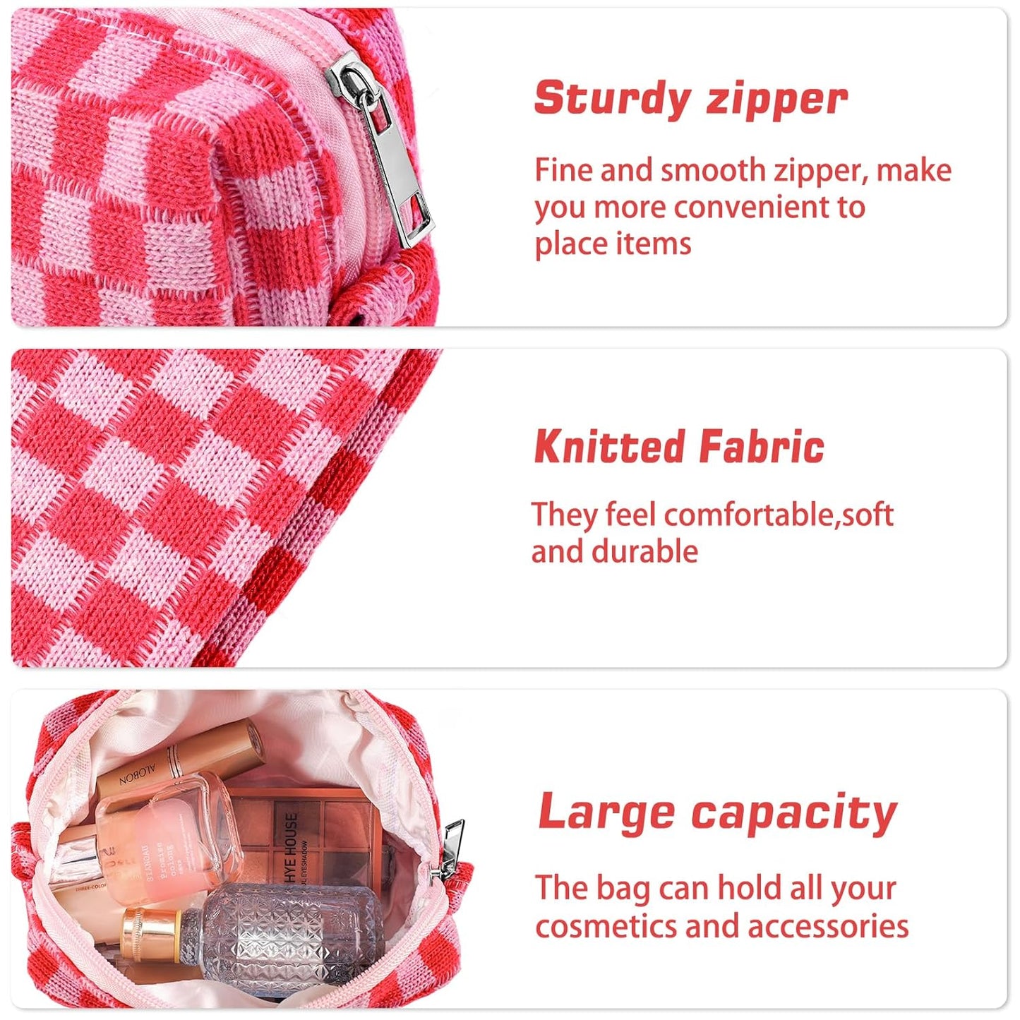2Pcs Checkered Pencil Case Cute Pencil Pouch for Teens Checkered Makeup Bag Travel Cosmetic Bag Set Cute Makeup Pouch for Purse Portable Zippered Skincare Bags Preppy Toiletry Bags Organizer(Pink)
