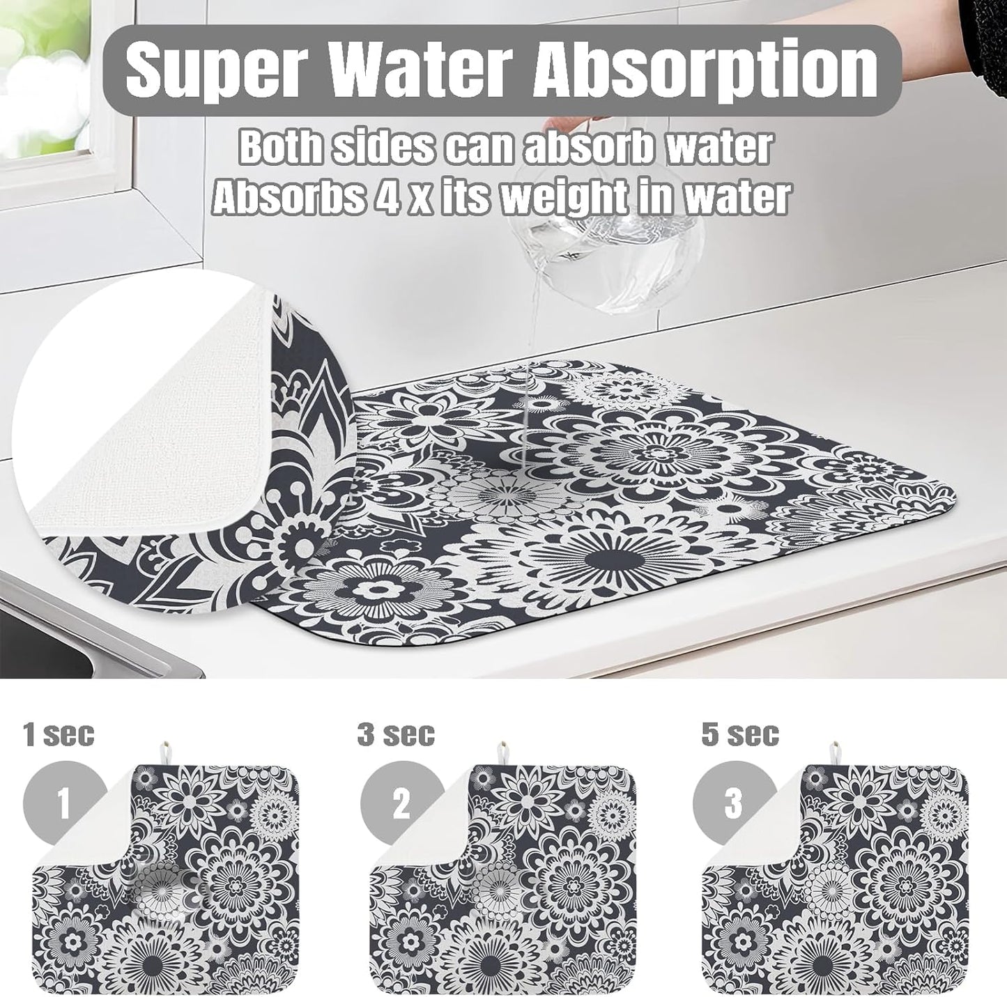 Dish Drying Mat for Kitchen Counter Large 18" x 24" Mandala Absorbent Microfiber Dishes Drainer Rack Mats Pad Reusable Washable