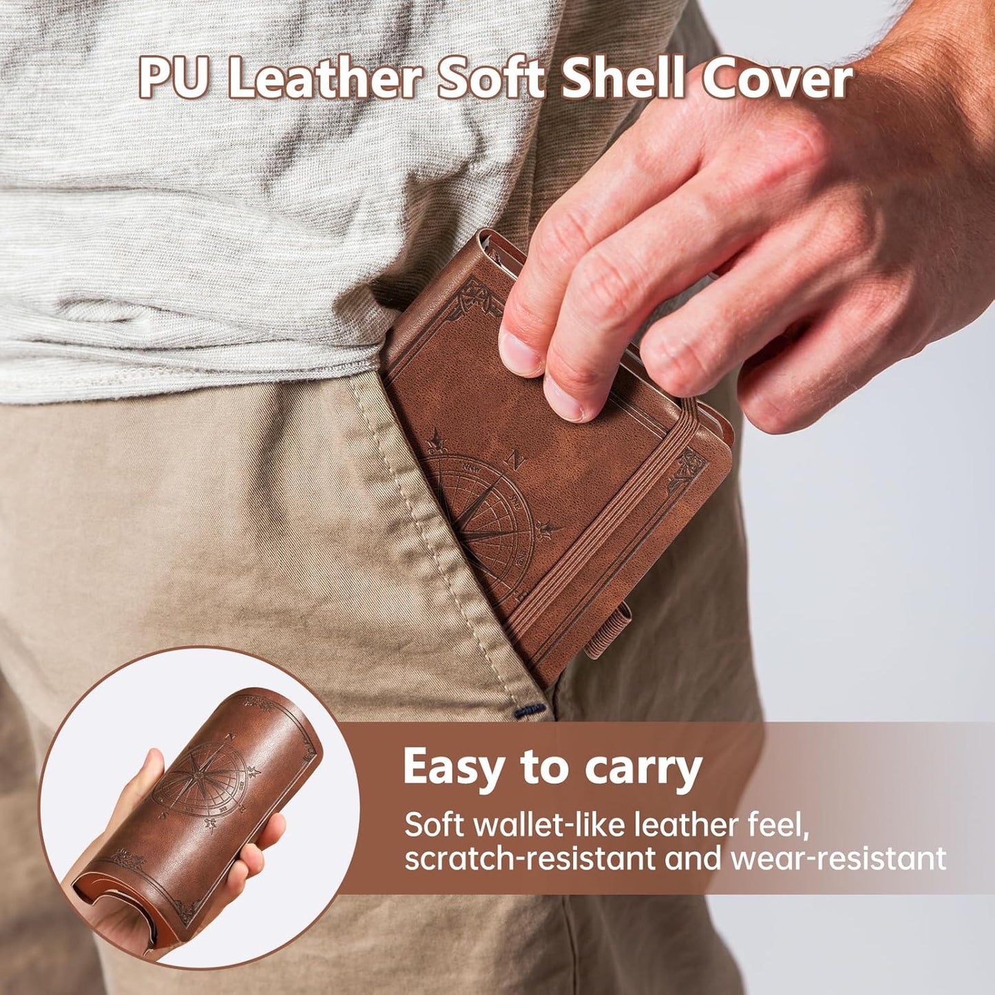 AHGXG Small Lined Pocket Journal Notebook for Men - 256 Numbered Pages College Ruled B6 Mini Journal, Vintage Soft Leather Hardcover, 80gsm Paper, for Women Work Office School, 4.1'' X 5.7''- Brown