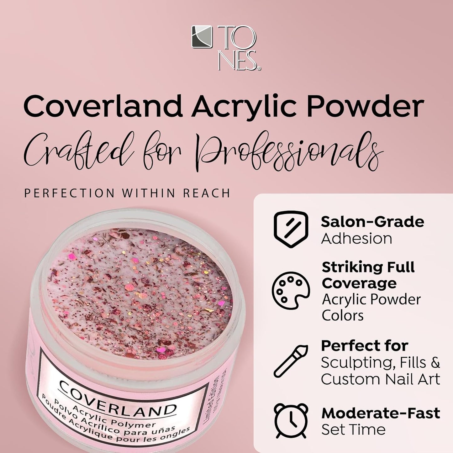Tones Coverland Acrylic Nail Powder "Head Over Heels" - Limited Edition Acrylic Powder for Nail Design, Sculpting, and Masking Nail Bed Imperfections - Professional Acrylic Nail Supplies - (1.5 Oz)