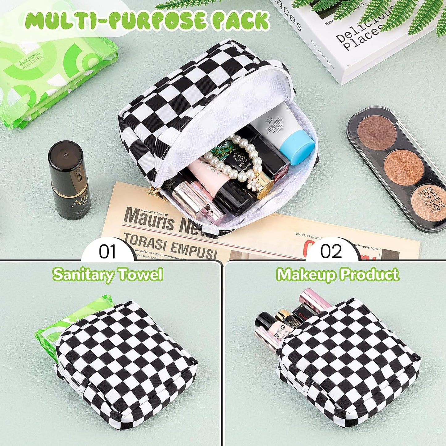 Desing Wish Sanitary Pad Storage Bag Portable Period Bag for Teen Pads/Sanitary Napkins/Small Tampons, Sanitary Napkin Storage Bag First Period Gifts for Teen Girls (Black-white Check)