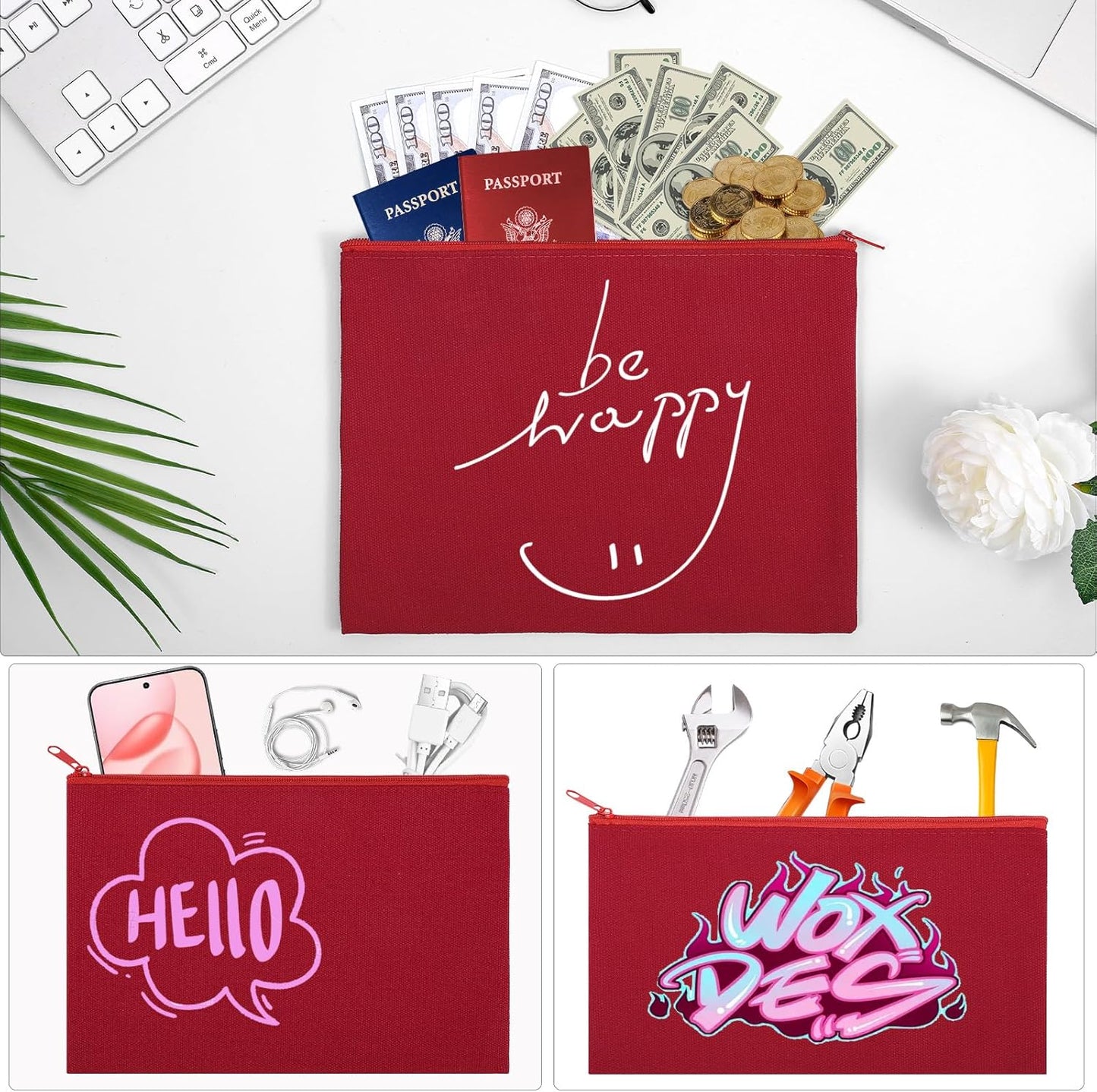 12 Pieces Cotton Canvas Makeup Bag, Multipurpose Cosmetic Bag with Zipper Travel Toiletry Pouch, Blank DIY Craft Bag (Red, M)