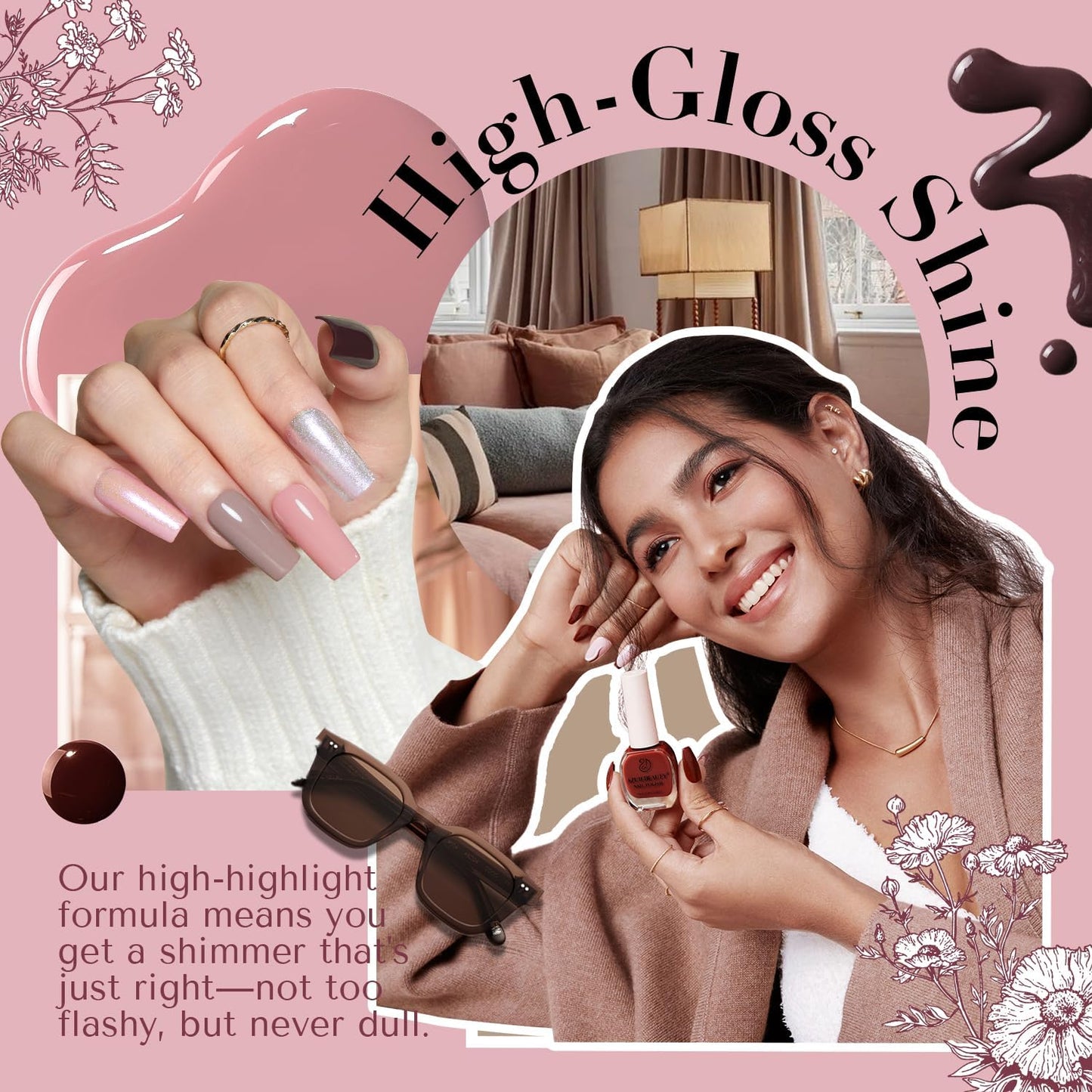 AZUREBEAUTY Nail Polish Set 4 Colors Pink Nude Glitter Nail Polish Quick Dry Natural Nail Lacquer Fingernail Kit with Top Coat DIY Salon Home