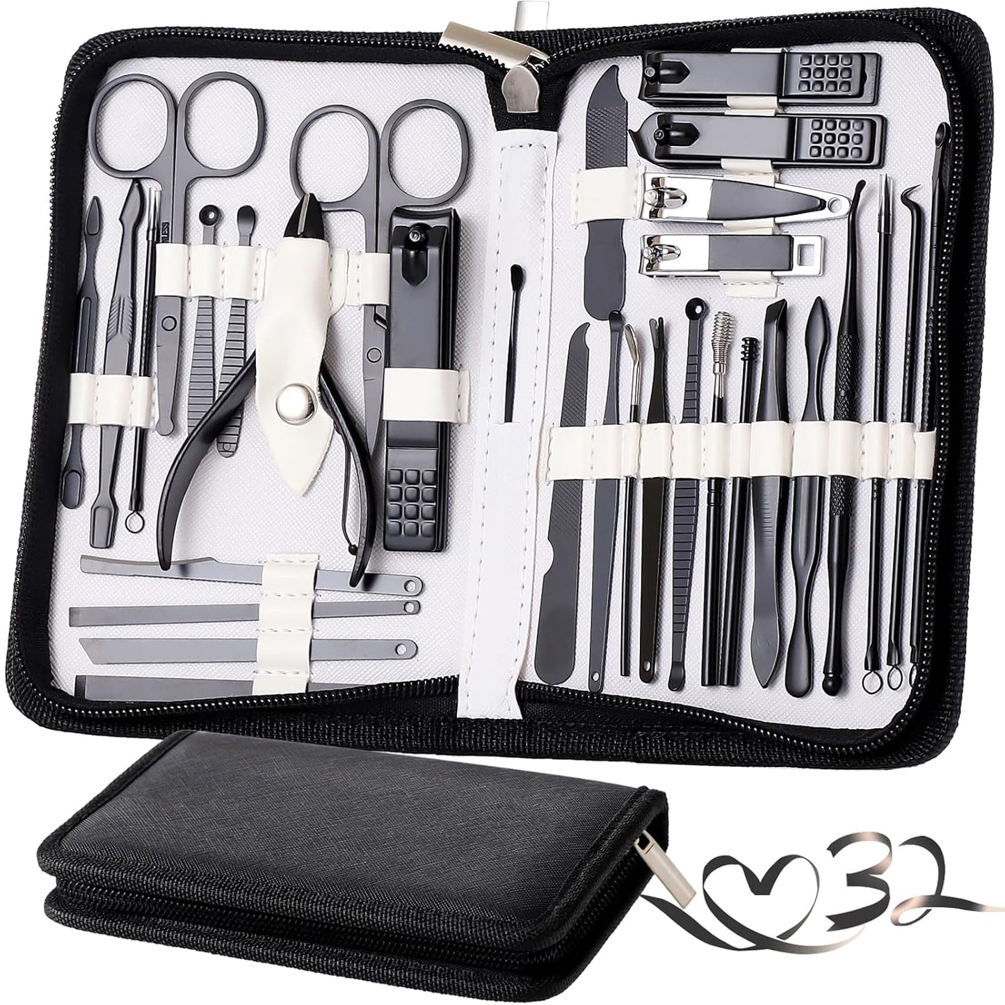 Manicure Set Pedicure Kit Womens Nail Clippers Set 32 in 1 Professional Grooming Care Tools Nail Kit Including Facial, Fingernails and Toenails Care with Travel Case Women (White/Black_32 in 1)