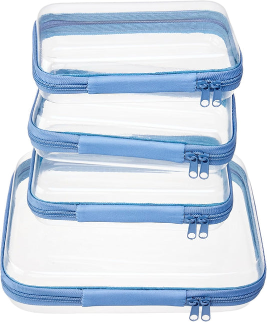 4 pcs Clear Zipper Pouches,Hard Shell Zipper Case, Toiletry Bag for Travel, CLear Diaper Bag, Toiletry Pouch, Travel Organizer, Clear Cosmetic Bag,Toy Storage Bins (M+3S) (Blue)
