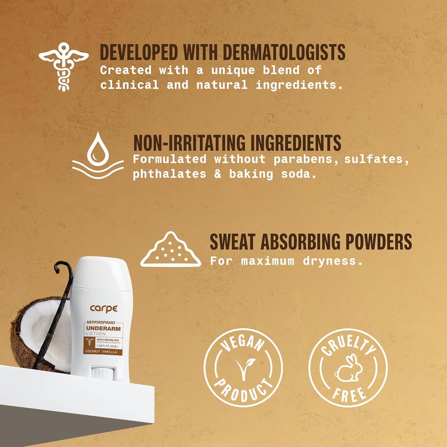 Carpe Underarm Antiperspirant and Deodorant, Clinical strength with Coconut Vanilla scent, Combat excessive sweating, Stay fresh and dry, Great for hyperhidrosis (Pack of 3)