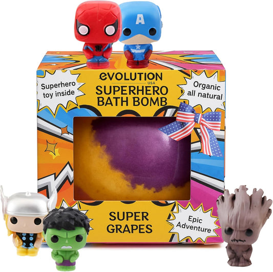 EvolutionUSA 1pc Black Epic Superhero Bath Bombs for Kids, Super Hero Bath Bomb with Toy Inside, Lush Childrens Bathbomb, Organic Bathbomb with Surprise Inside, Fizzy Fun Superhero Bath Ball
