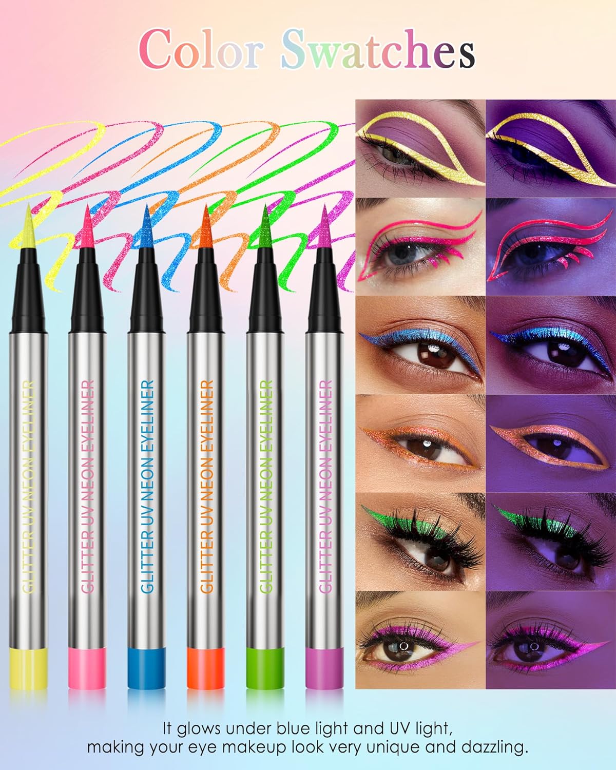 Glitter UV Neon Eyeliner Pencil, Waterproof Smudge-Proof Yellow Eye Liner Liquid Pen, High-Pigment Shimmer Eyeliner Pen Long-Lasting Colorful Professional Makeup,Halloween Rave Party Gift for Women-01