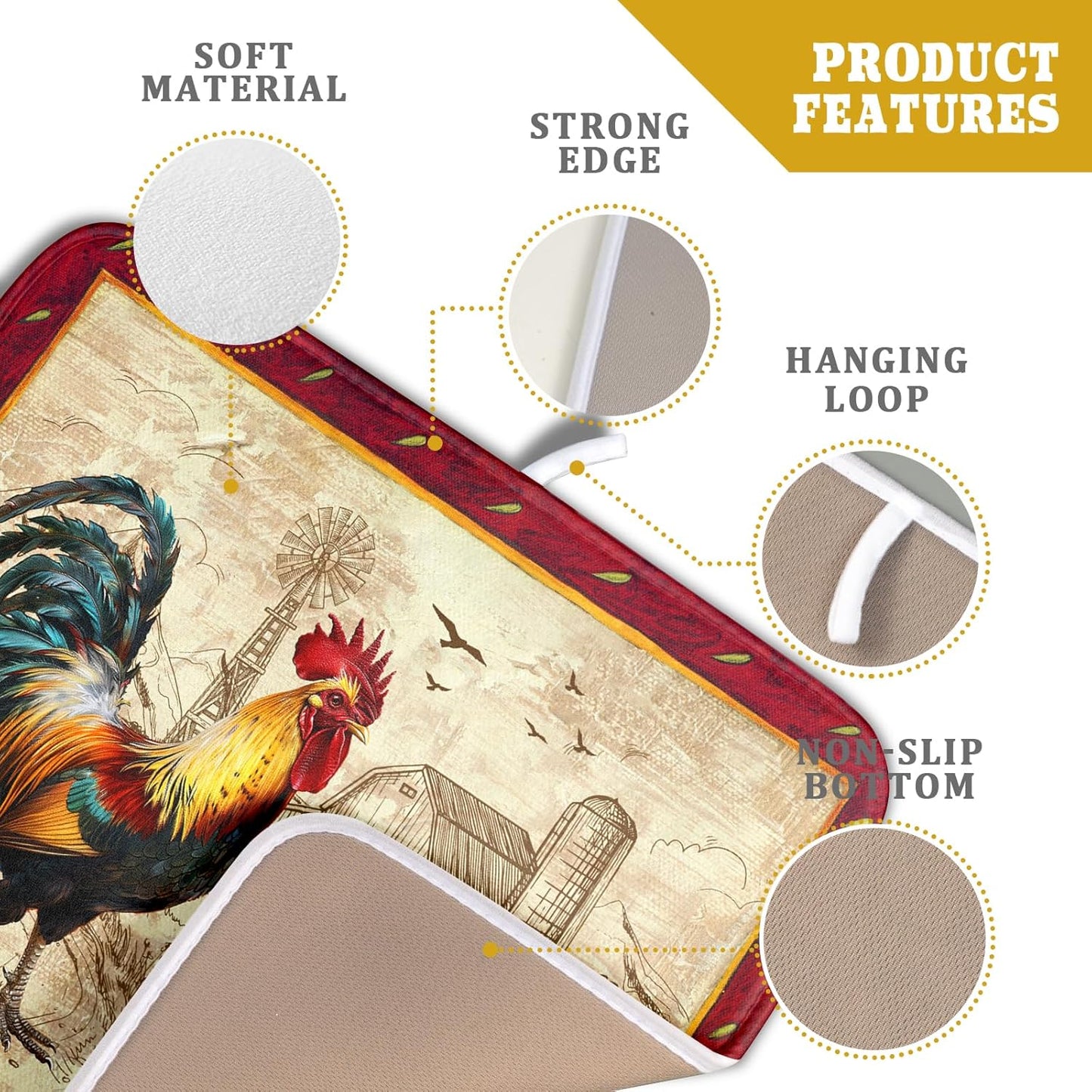 Farm Rooster Dish Drying Mat for Countertop 16x18 Inches Red Rustic Chicken Absorbent Microfiber Dry Dishes Pads Kitchen Counter Accessories