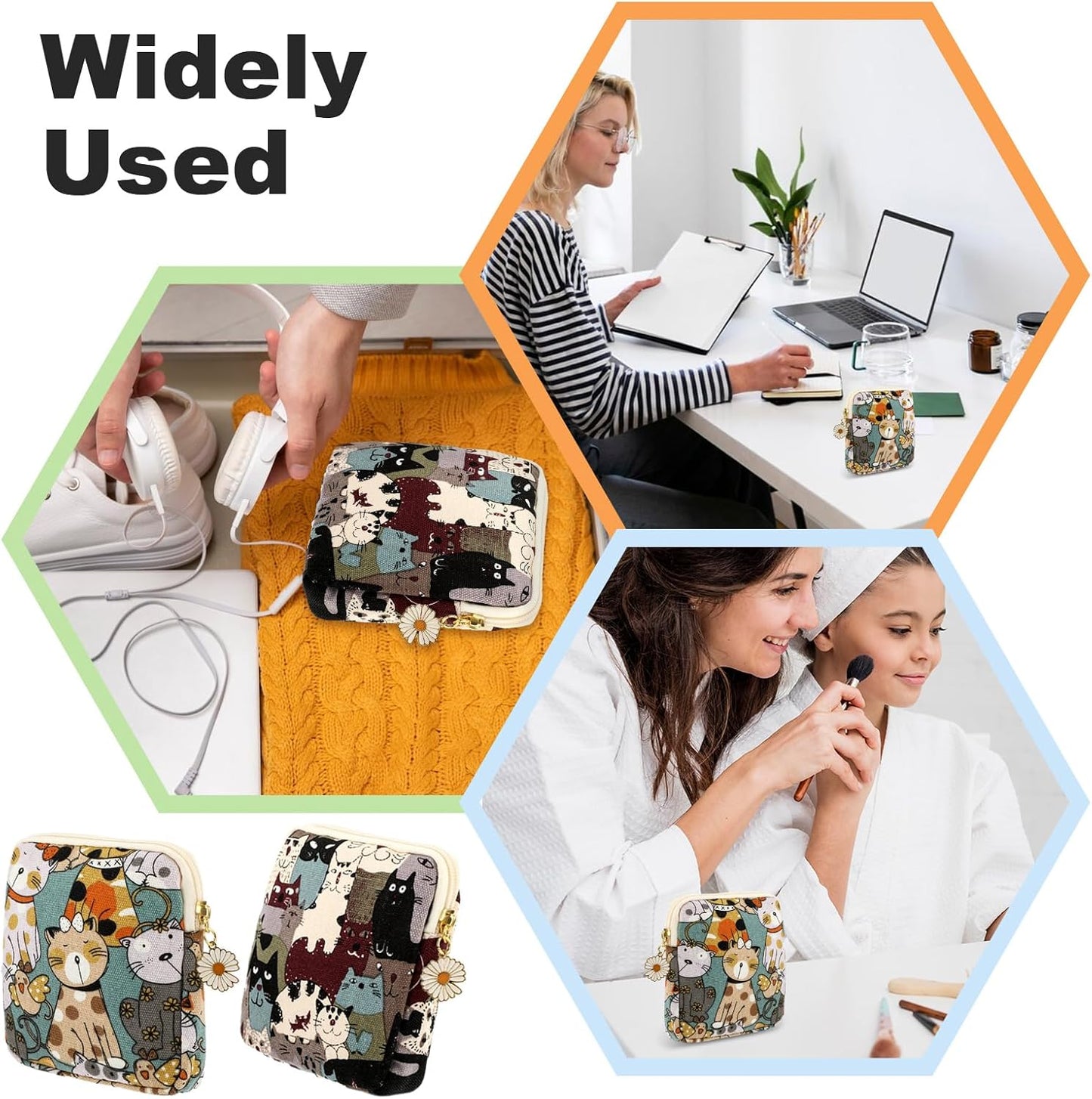 cobee 2PCS Sanitary Pad Storage Bag, Cute Sanitary Napkin Storage Purses Portable Period Bag with Daisy Zipper Panty Liner Tampon Menstrual Cup Nursing Pad Holder Pouch for Girls Women Travel(Cat)