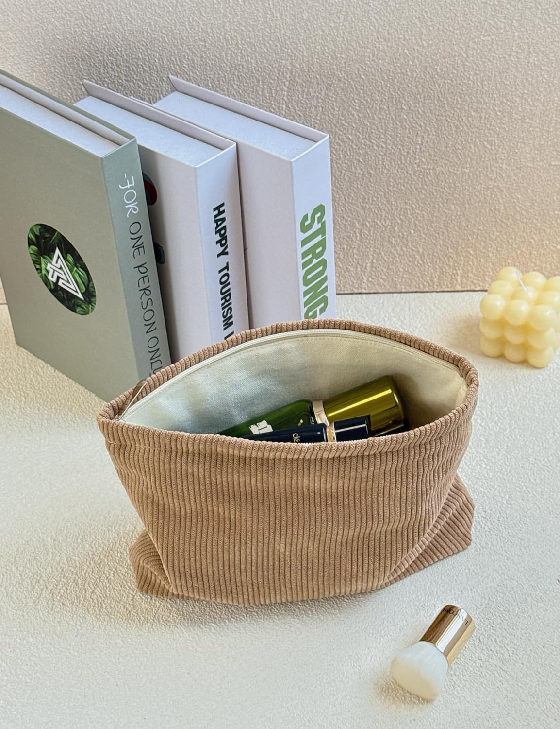 2 large makeup bags Women's Corduroy Canvas Makeup Bag, Travel Makeup Bag, Wallet Organizer, Khaki and Orange Flower Pattern