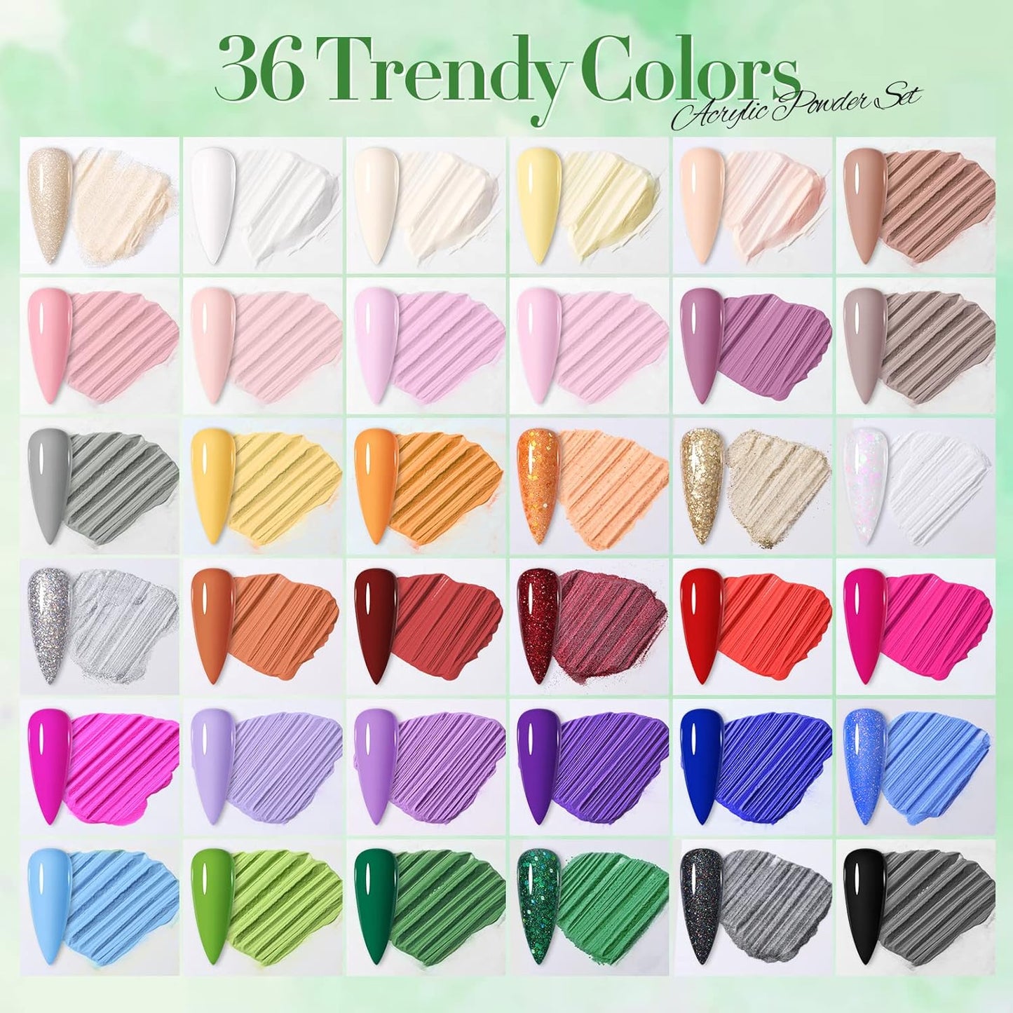 BORN PRETTY Acrylic Powder Set 36 Colors Acrylic Nail Powder Nude Pink Blue Yellow Purple Red Glitter Professional Polymer 3D Acrylic Nail Art Kit for French Nail Extension All Seasons Nail Carving