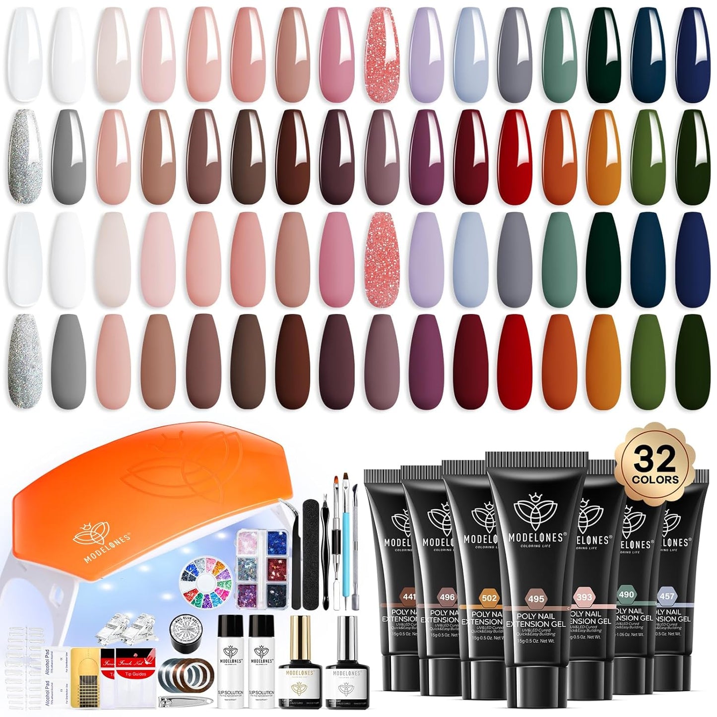 Modelones 133pcs Poly Nail Gel Kit, 32 Colors Earthy Tones Complete Extension Gel Nail Kit with 8W Lamp Slip Solution Builder Tools for Starter DIY Salon Use