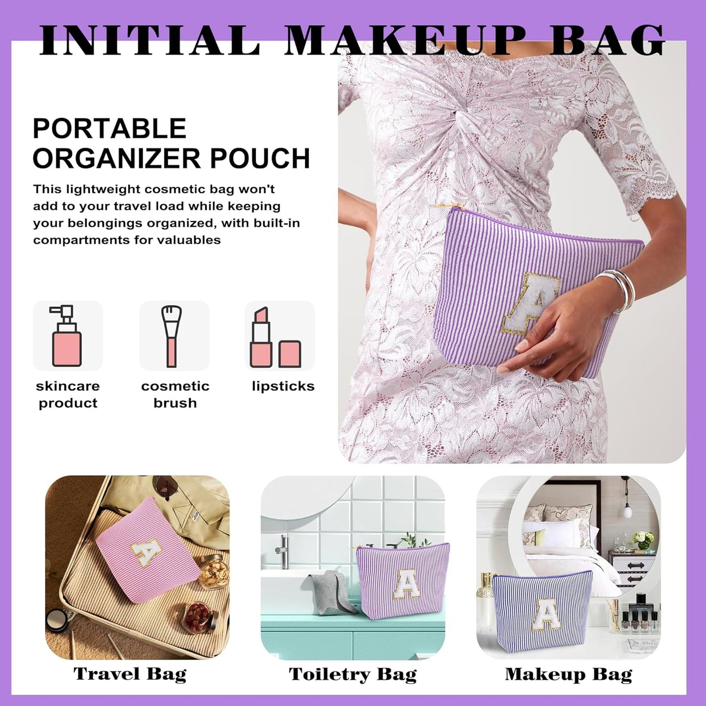 Initial Makeup Bag for Women - Travel Pouch, Portable Cosmetic Bag Make up Kit Pouch | Travel Essentials Cute Makeup Bag Birthday Gifts for Women, Purple Letter T