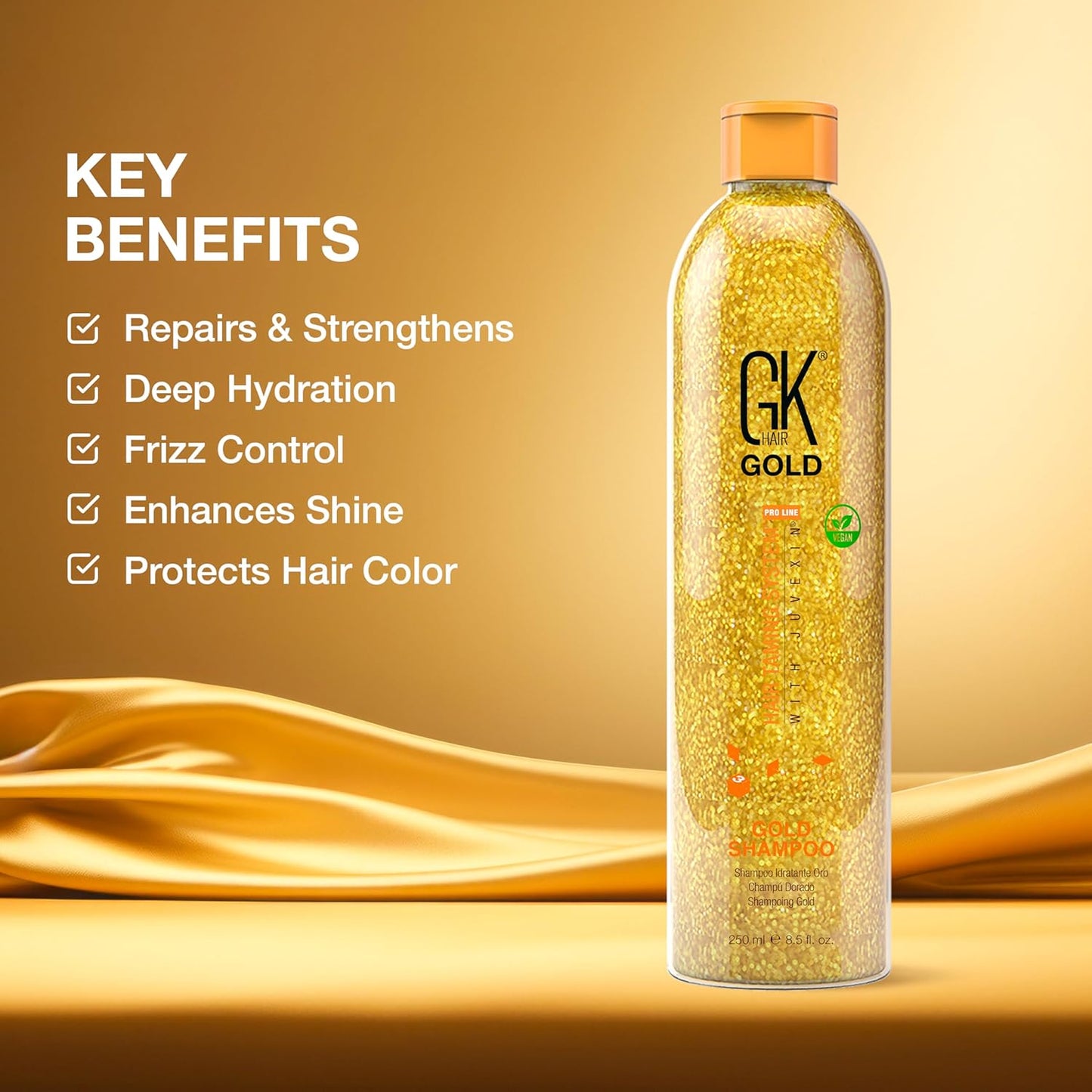 GK HAIR Global Keratin Gold Shampoo (8.5 Fl Oz/250ml) Hair Moisturizing Shine and Protection With Argan Oil, Shea Butter, Natural Oils All Hair Types