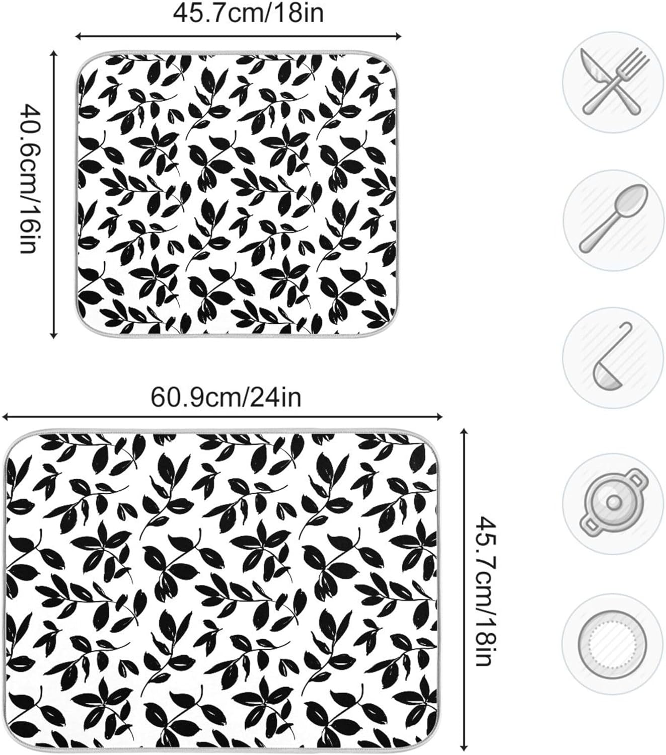 Eucalyptus Leaves Dish Drying Mat for Kitchen Countertop 18x24 Black White Floral Leaf Large Drying Mat Reusable Quick Dry Dish Sink Absorbent Mats Dishwasher Easy Clean Decorative Home Essentials
