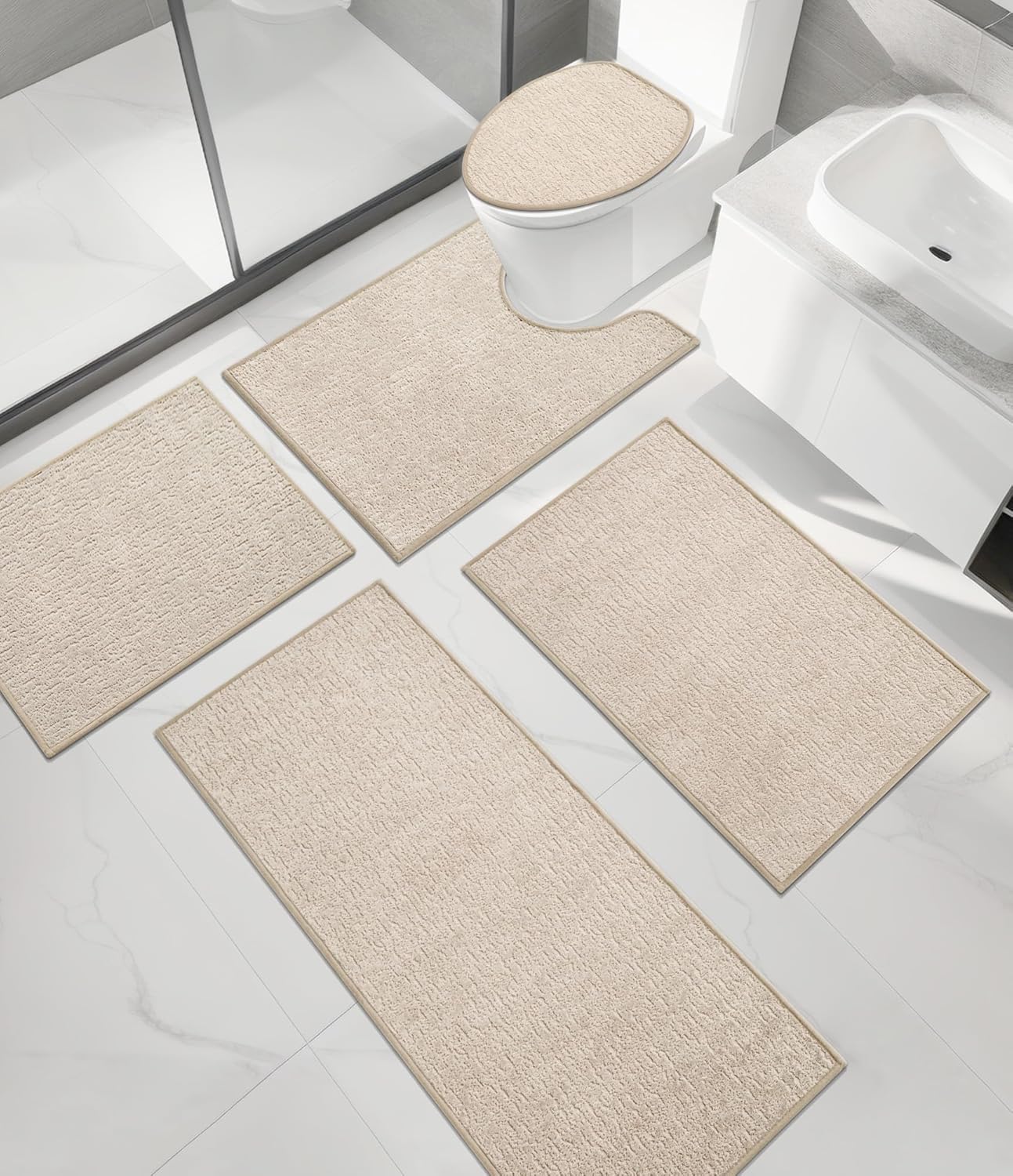 chakme Bathroom Rug Sets 5 Piece, Ultra Thin Bath Mat Quick Dry Bath Mat, Absorbent Bath Mats for Bathroom Non Slip Machine Washable, (Light Beige)