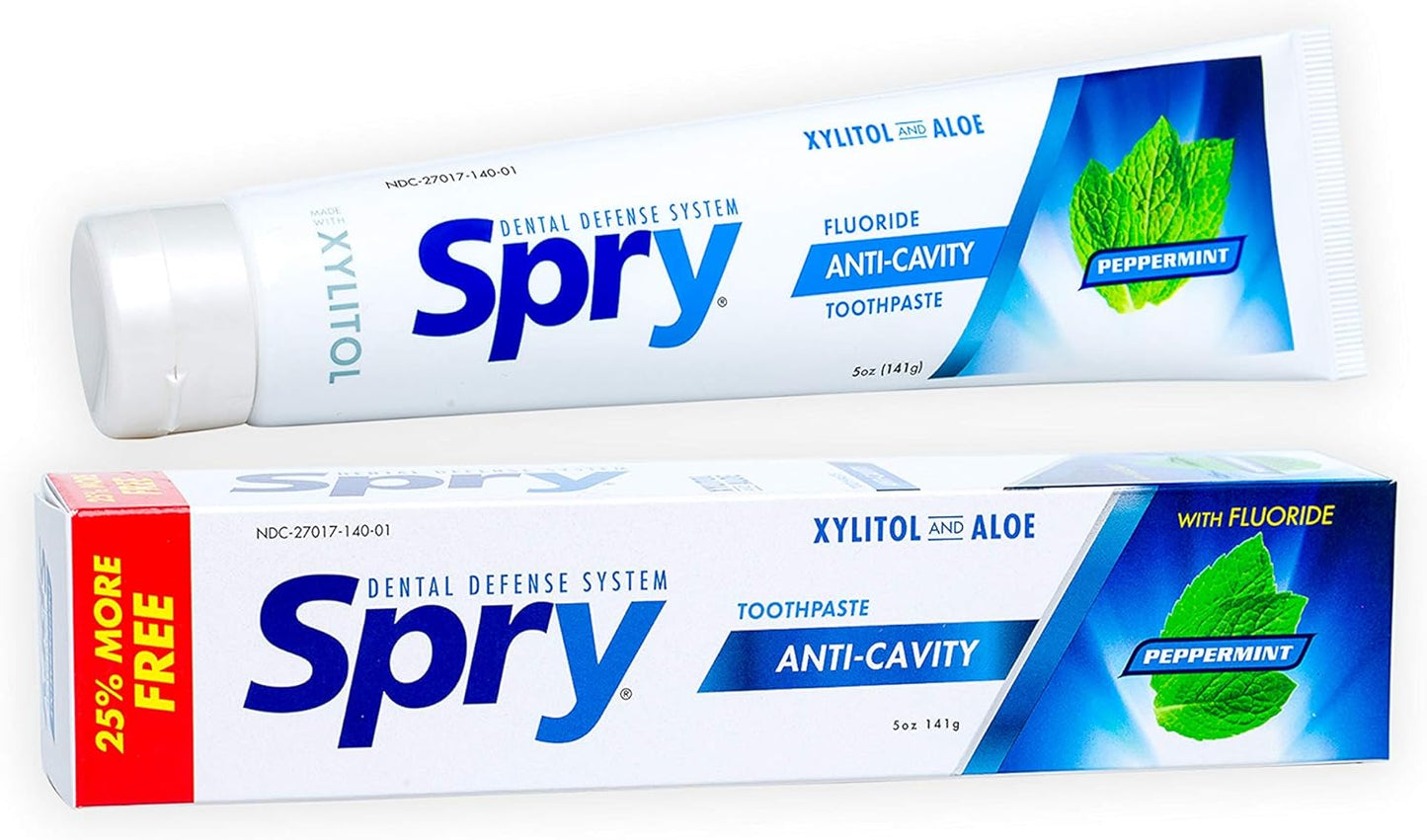 Spry Natural Xylitol Toothpaste 5oz for Adults and Kids with Fluoride, Gentle for Sensitive Teeth Whitening and Remineralizing, Breath Freshening, Mouth Moisturizing, Peppermint (Pack of 1)