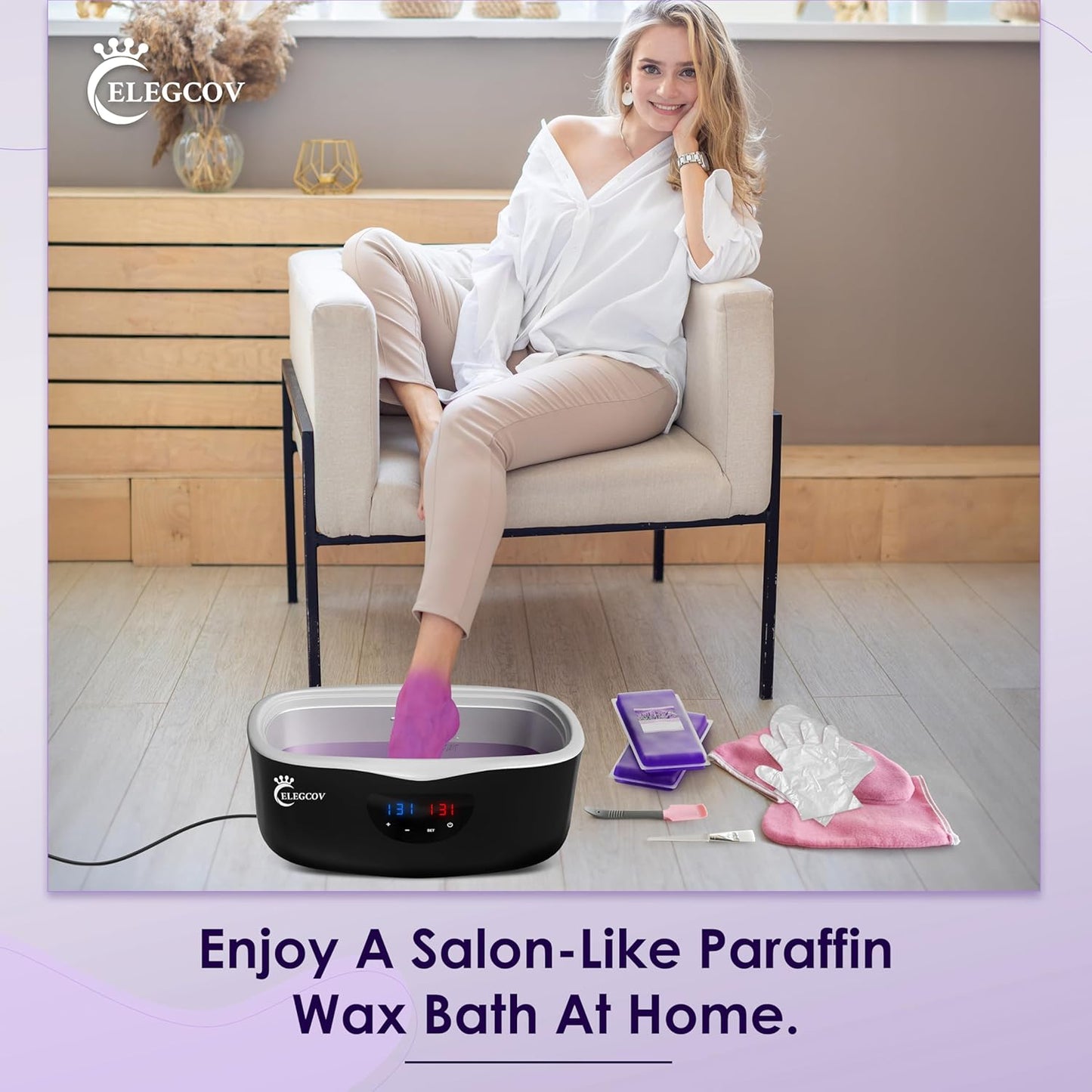 Paraffin Wax Machine for Hand and Feet - ELEGCOV Paraffin Wax Warmer with 8 Packs Lavender Bath Wax Refills Kit，Hand and Foot Moisturizing Care Kit, 4000ml Fast Meltdown Parafin Hot Wax Machine