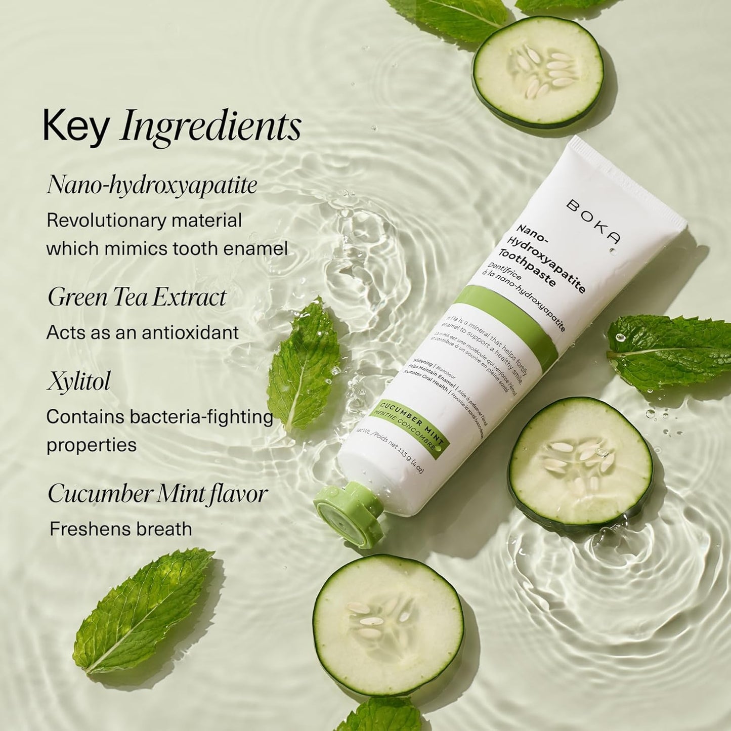 Boka Fluoride Free Toothpaste, Nano Hydroxyapatite Toothpaste, Appropriate for Sensitive Teeth - for Adult, Kids Oral Care - Cucumber Mint Flavor, 4 Fl Oz 1Pk US Manufactured