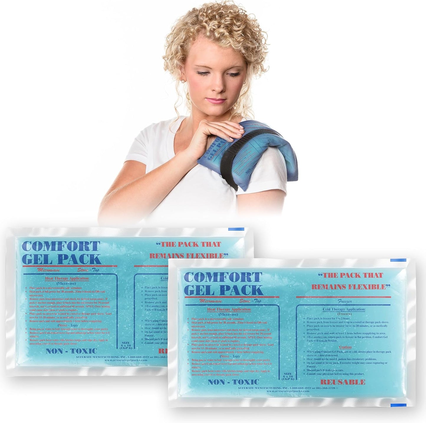 Flexible Reusable Gel Packs for Neck, Wrist, Arm, Back and Shoulder Pain Relief - Versatile Hot or Cold Gel Packs for Injuries, Sore Muscles or Toothache Pain Relief, Blue, 6" x 10", 2 Pack