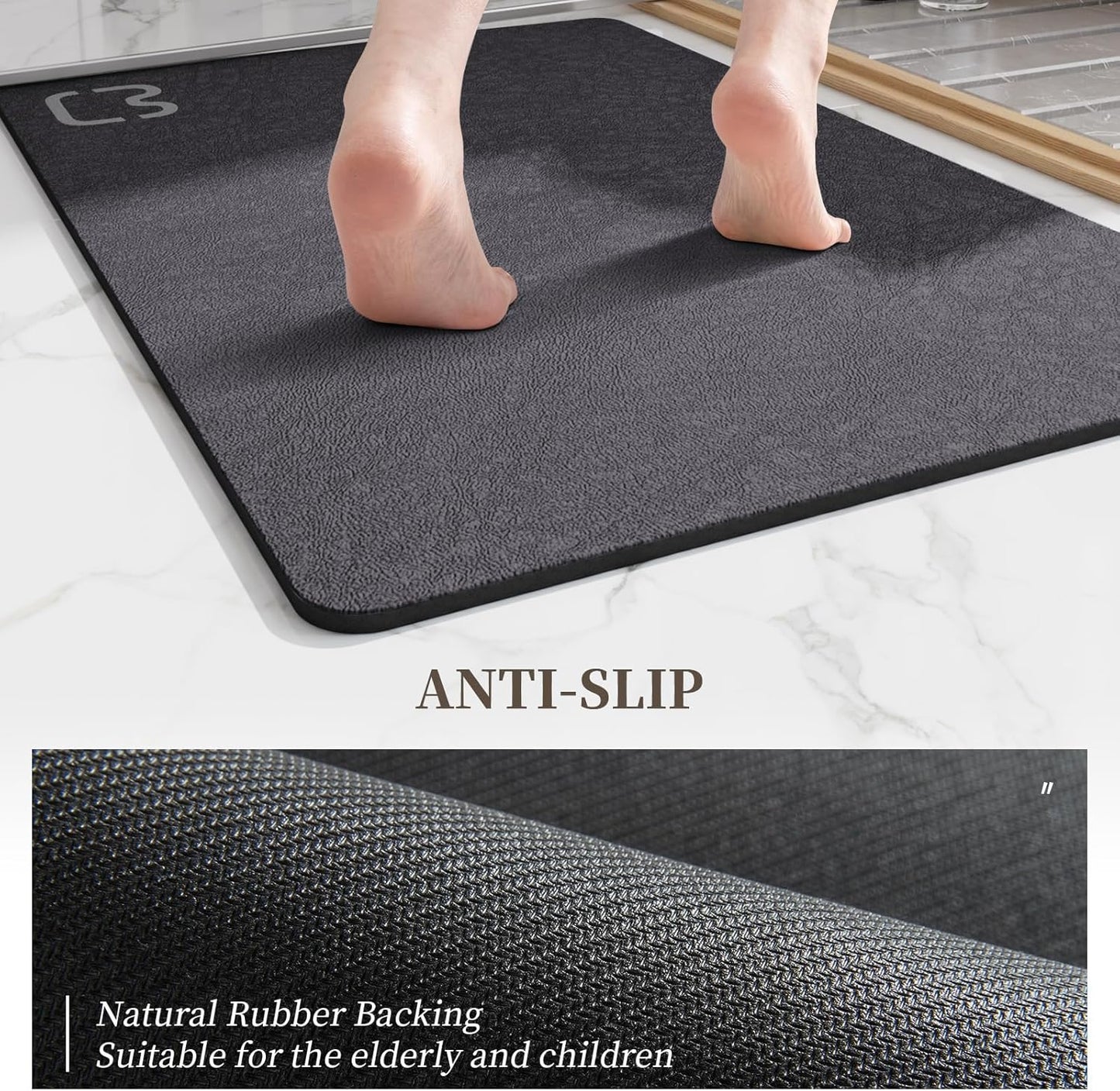 Diatomaceous Earth Bath Mat Rugs Quick Dry Super Absorbent Non Slip Rubber BottomThin Bathroom Mat Fit Under Door, Floor Rugs in Front of Bathtub,Shower Room,Sink,Washable, 15.7" x 23.6", Dark Grey