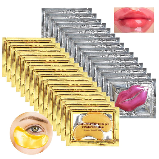 15 Pairs Collagen Crystal Eye Mask and 15 Pcs Collagen Crystal Lip Mask, Under Eye Patches and Lip Pads,Collagen Crystal Mask Set for Moisturizing, Reducing Fine Lines & Dark Circles (Gold and Pink)