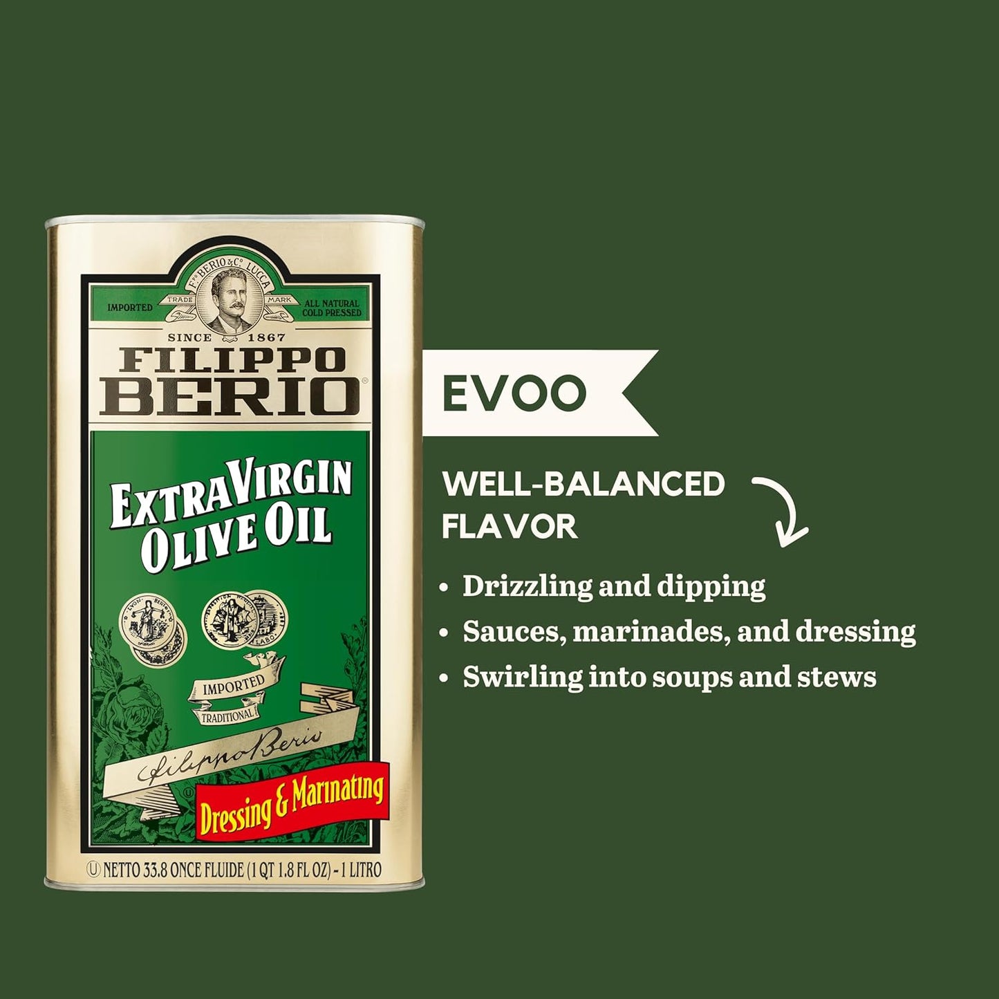 Filippo Berio Cold Pressed Extra Virgin Olive Oil, 1 Liter Tin (33.8 Ounce)