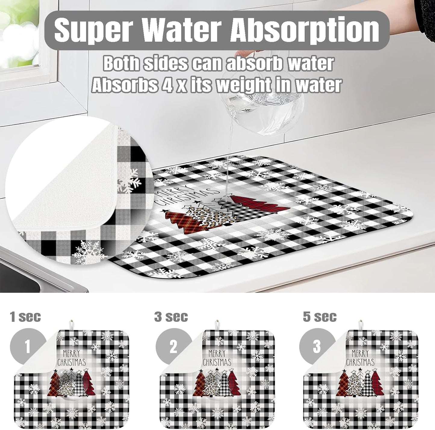 Dish Drying Mat for Kitchen Counter Large 18" x 24" Buffalo Plaid Christmas Tree Absorbent Microfiber Dishes Drainer Rack Mats Pad Reusable Washable